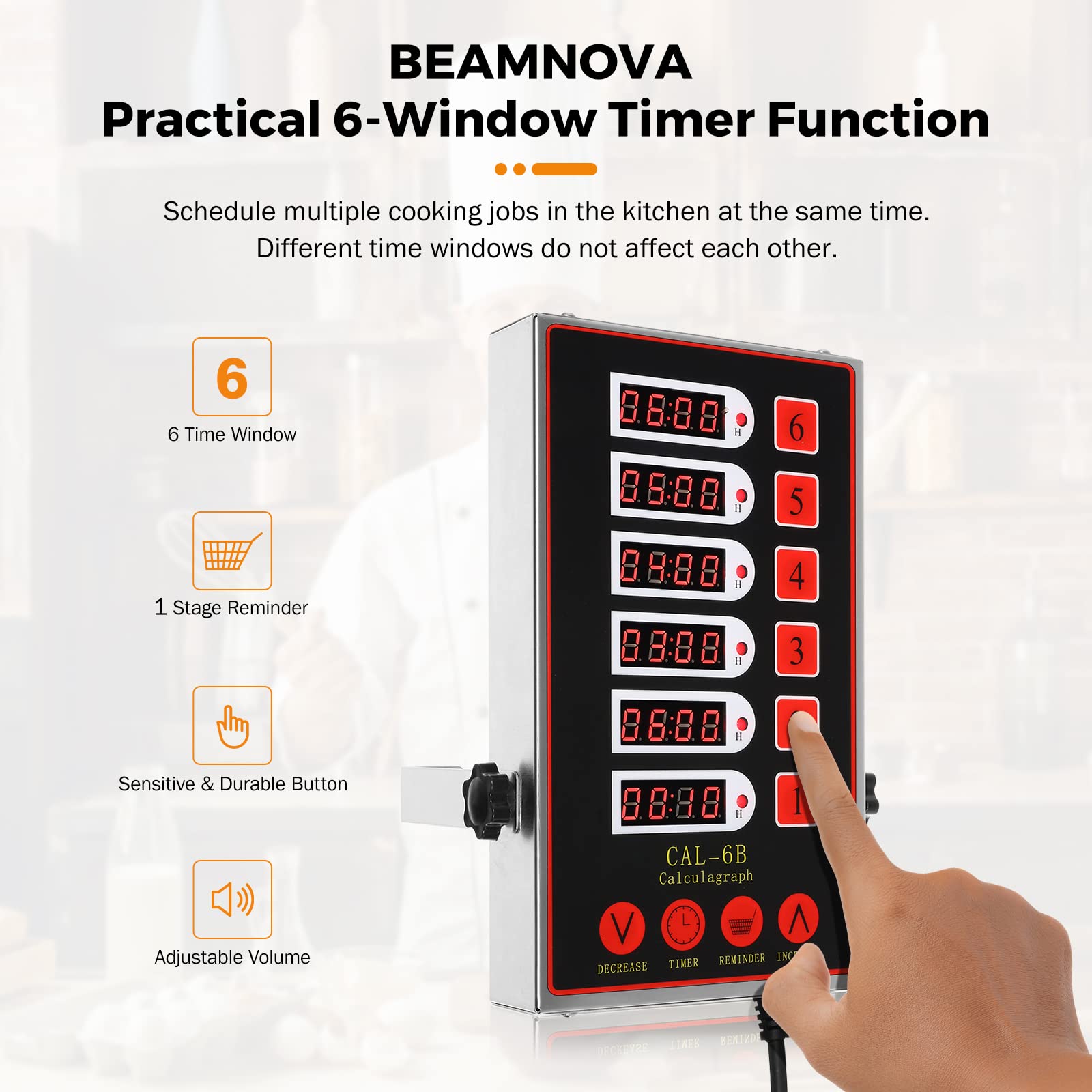 Beamnova 6 Channel Digital Kitchen Timer Cooking Reminder Commercial Loud Ring Alarm Stainless Steel Adjustable Volume