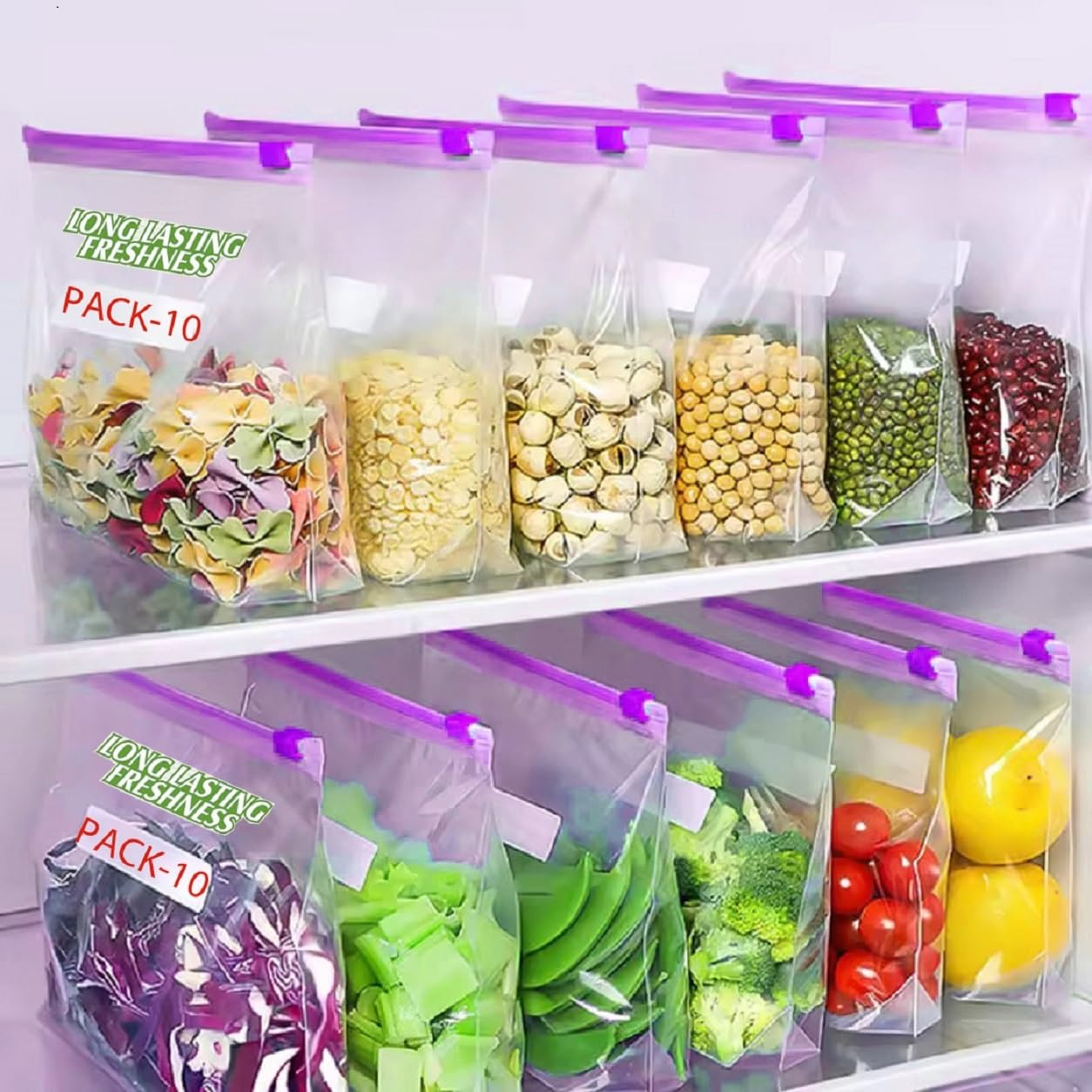Zunbella Pack Of 10 Ziplock Pouch For Storage, Vegetable Storage Bags For Refrigerator, Plastic Pouch With Zipper, ReUsable Bag