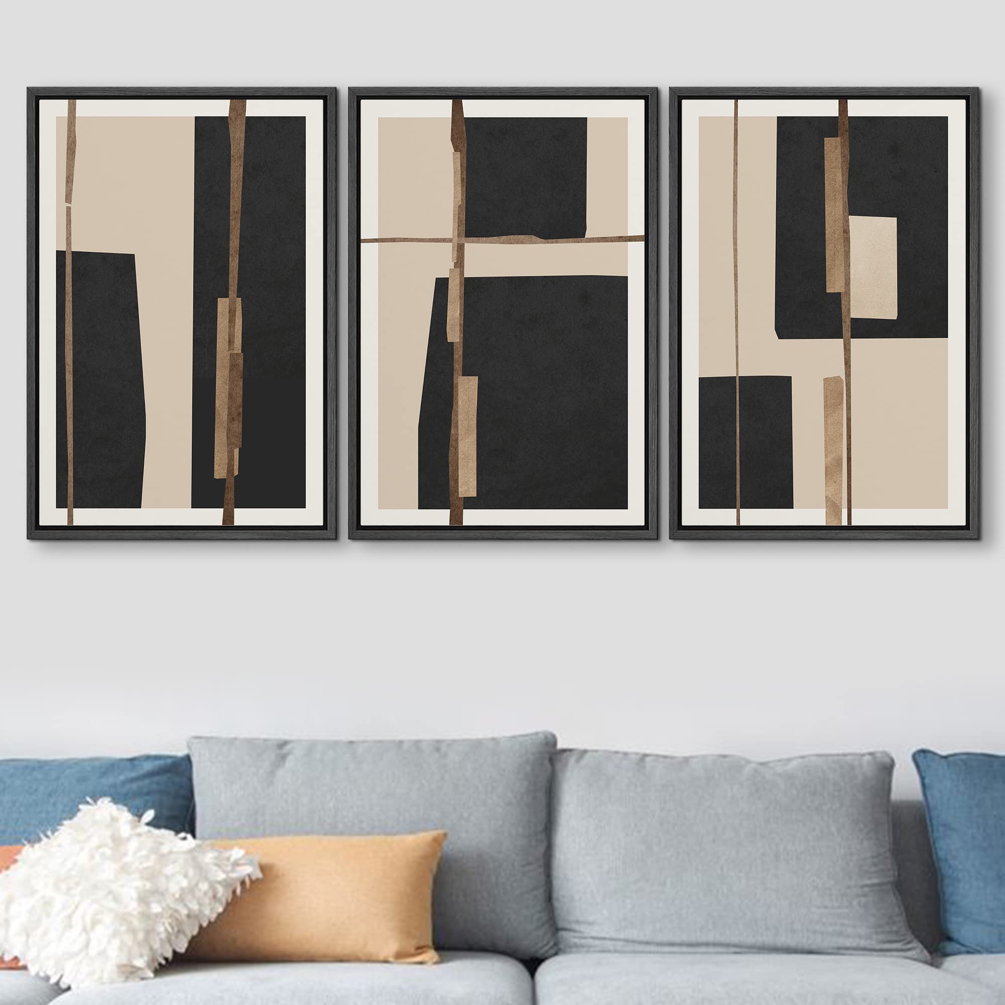 Signford Framed Canvas Print Wall Art Set Mid-Century Black Polygon Squares Abstract Shapes Illustrations Modern Art Bohemian No