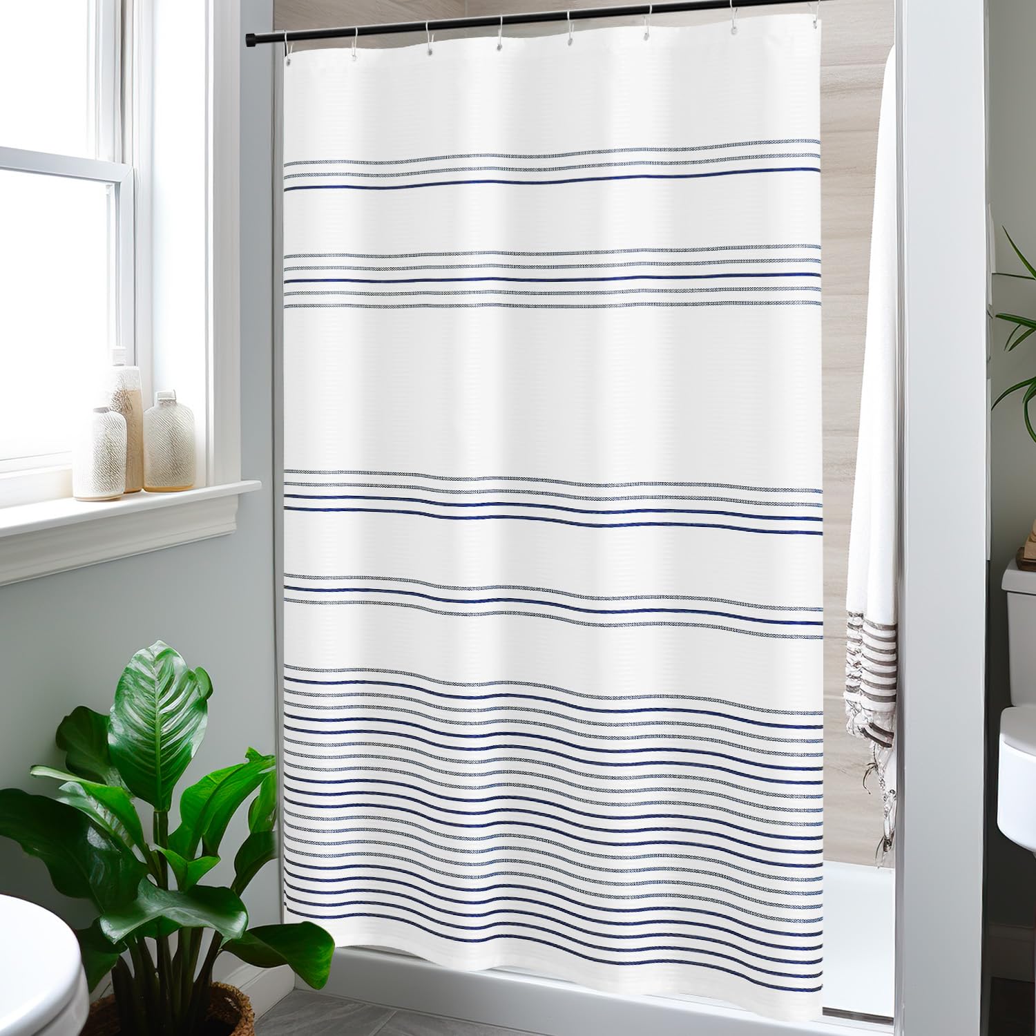 Jinchan Small Stall Shower Curtain 48X72 Inches Fabric Shower Curtain Navy Blue And White Striped Shower Curtains For Bathroom W