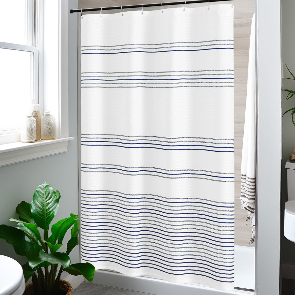 Jinchan Small Stall Shower Curtain 48X72 Inches Fabric Shower Curtain Navy Blue And White Striped Shower Curtains For Bathroom W