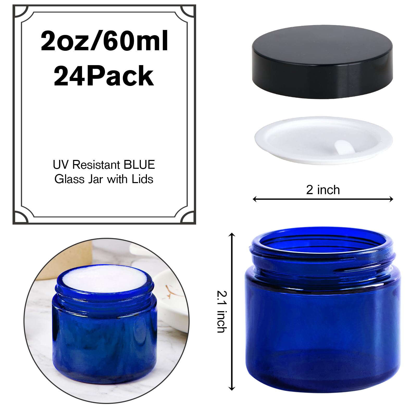 2Oz Jars With Lids, Hoa Kinh 24 Pack Blue Glass Jars With Lids Empty Cosmetic Containers Round Airtight Glass Jar With Inner Lin