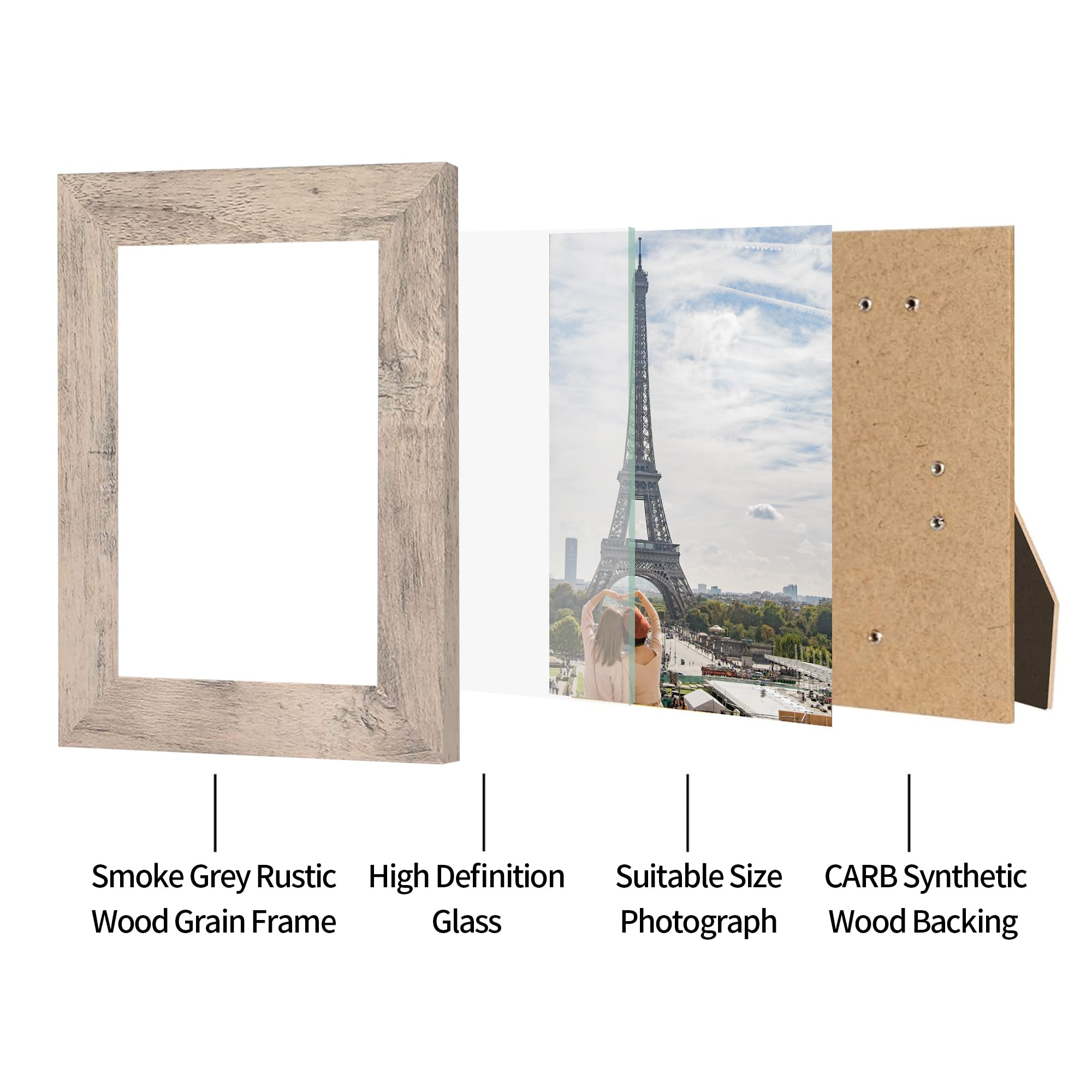 iRahmen 4x6 Picture Frame Set of 4, High Definition Real Glass Smoke Gray Frame, 4 x 6 Wood Photo Frames for Tabletop Display an