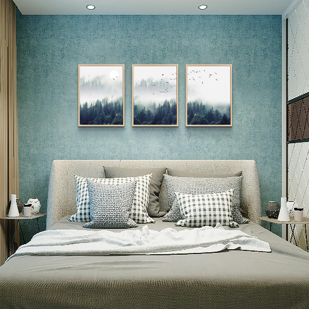 Natural Wood Framed Wall Art For Living Room Large Size Wall Decoration For Bedroom Foggy Forest Trees Landscape Painting Office Wall Decor Wall Pictures Artwork Home Decor 3 Piece Framed Art Prints