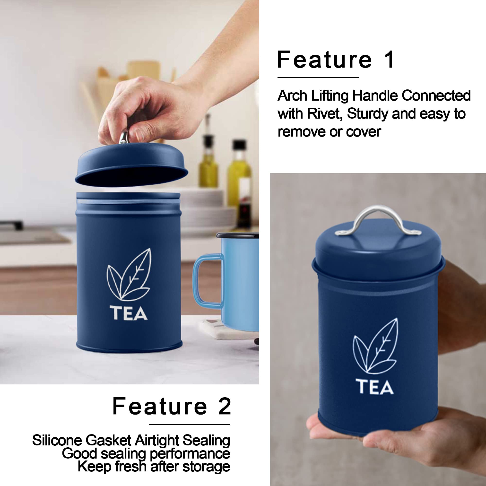 Teamfar Canister Sets For Kitchen Counter, 3 Pcs Kitchen Canisters Set For Coffee Sugar Tea, Navy Blue Metal Farmhouse Decor Sto
