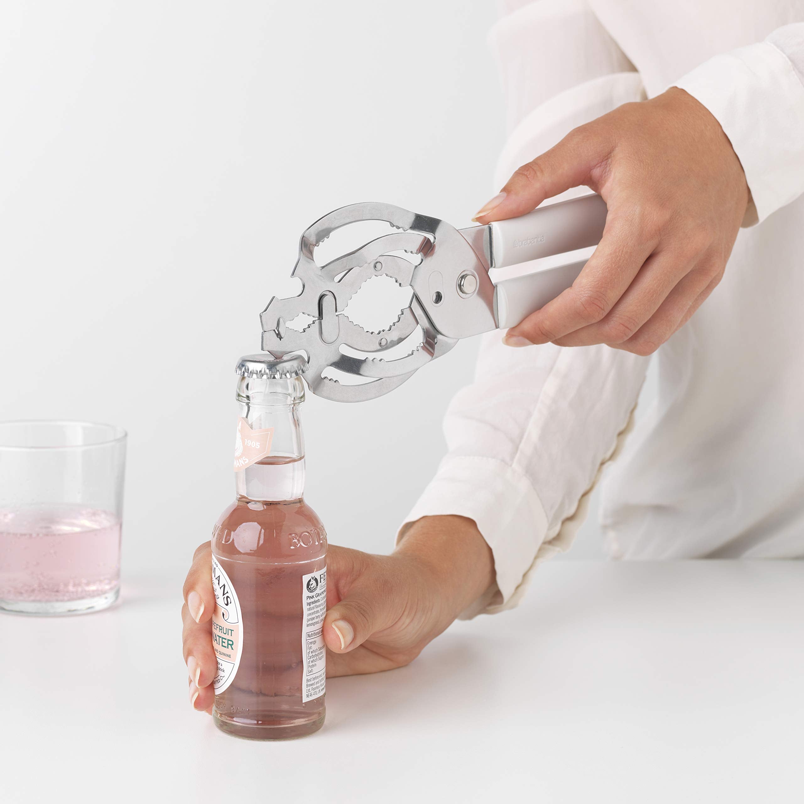 Brabantia Tasty+ Universal can  Jar  Bottle Opener (Light grey) Easy to use  Unscrews Small or Large caps  Tops Lids