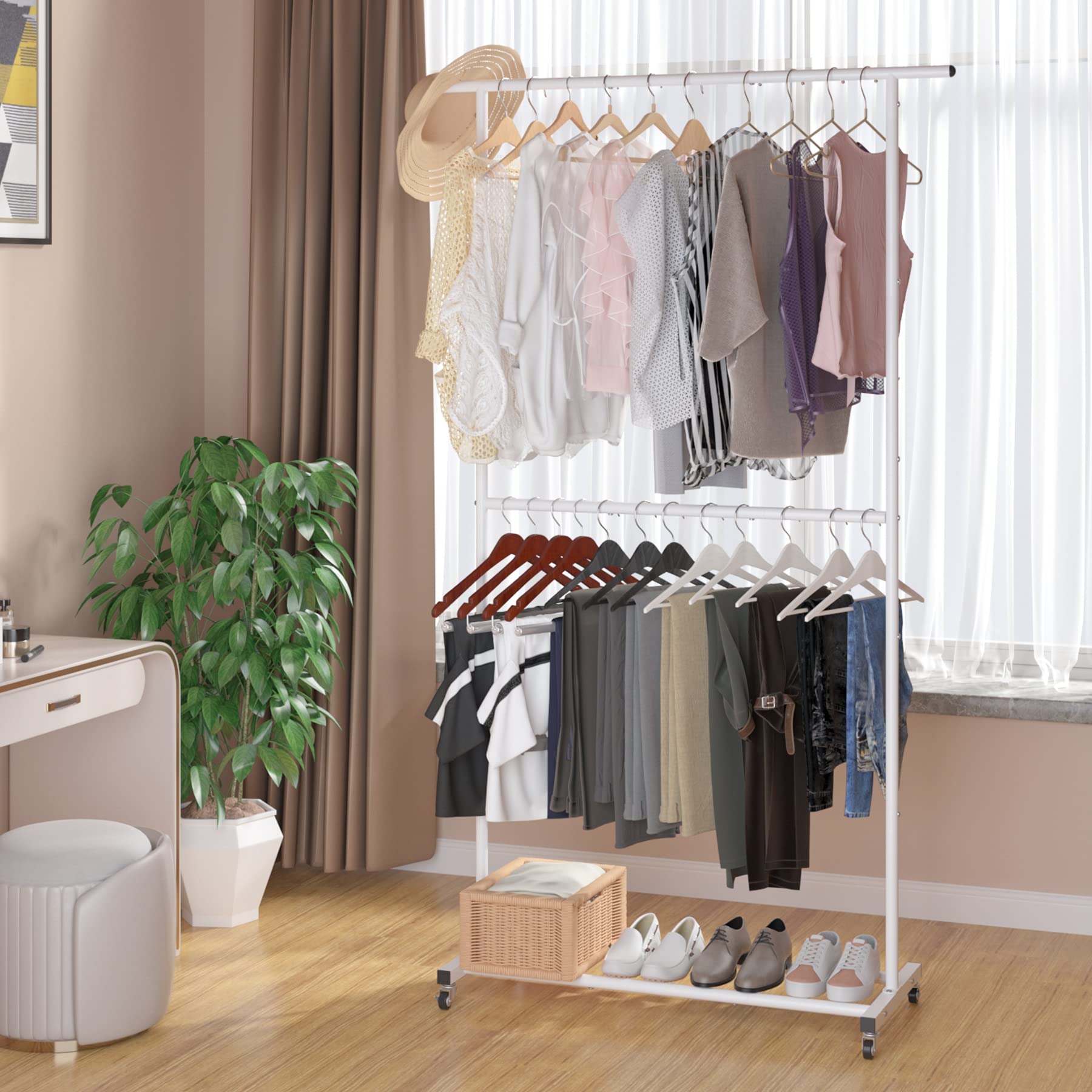 Sywhitta Double Rod Garment Rack - Rolling Clothes Organizer, Adjustable, White, Model 2-JHLYJ