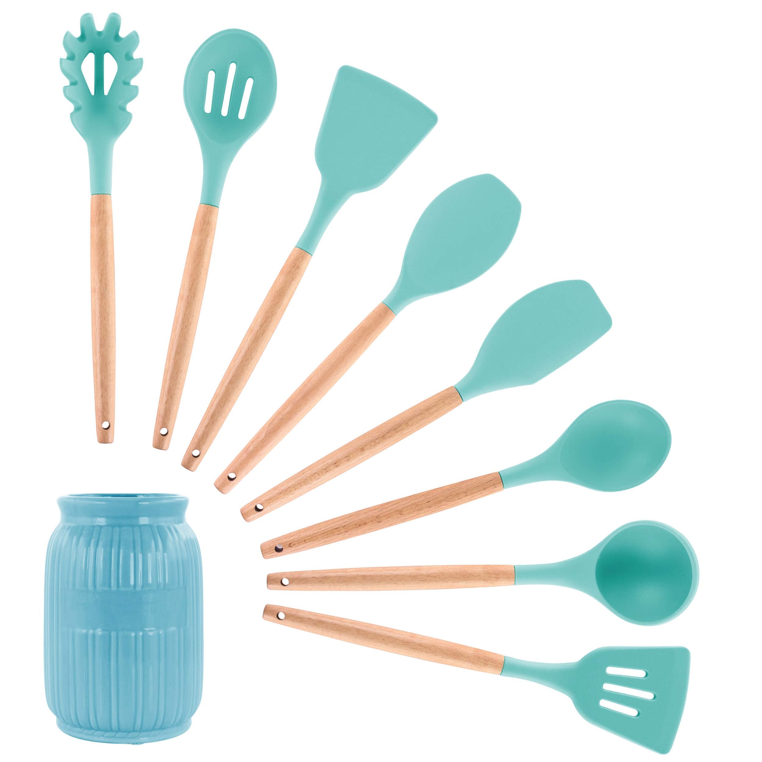 Megachef Tool Cookware Utensil Set with Ceramic Holder, 9 Piece, Light Teal and Wood Texture