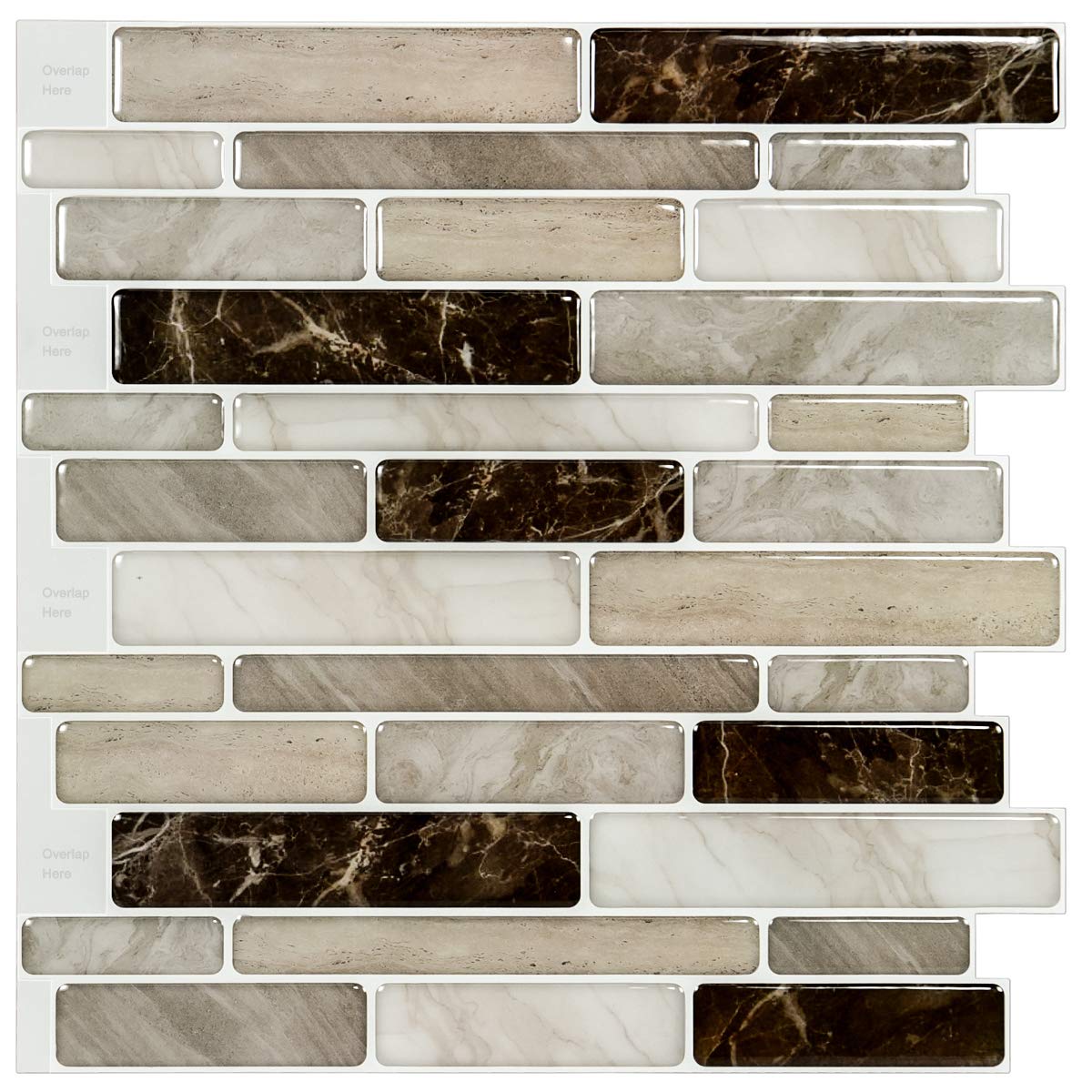 LONGKING Self-Adhesive Kitchen Backsplash, Marble Look Decorative Tiles (10 Tiles) (Light Brown)