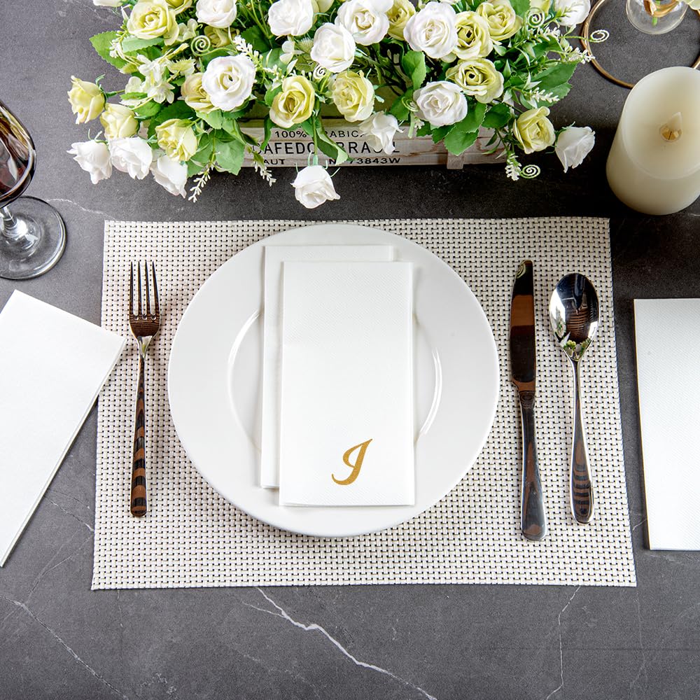 Luxenap 15.8 X 7.9 Inch Linen-Feel Guest Towels, 50 Lettered Hand Towels - Gold Letter 'I', Cursive Font, White Paper Dinner Nap