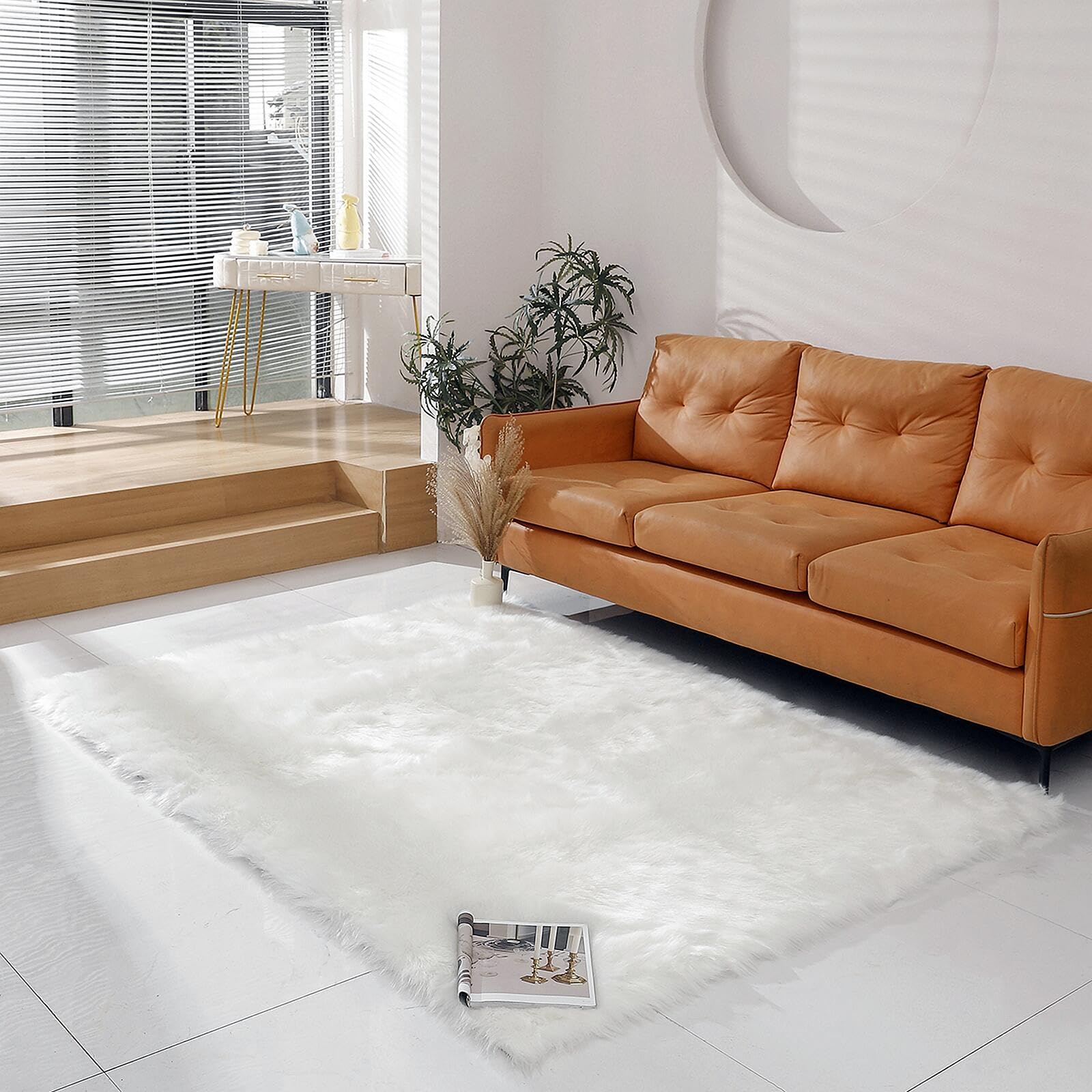linmopm Faux Fur Rug Sheepskin Shag Fluffy Fuzzy 5x7 ft White Rugs for Bedroom Bedside Bed Floor Living Room Plush Rectangle Hig
