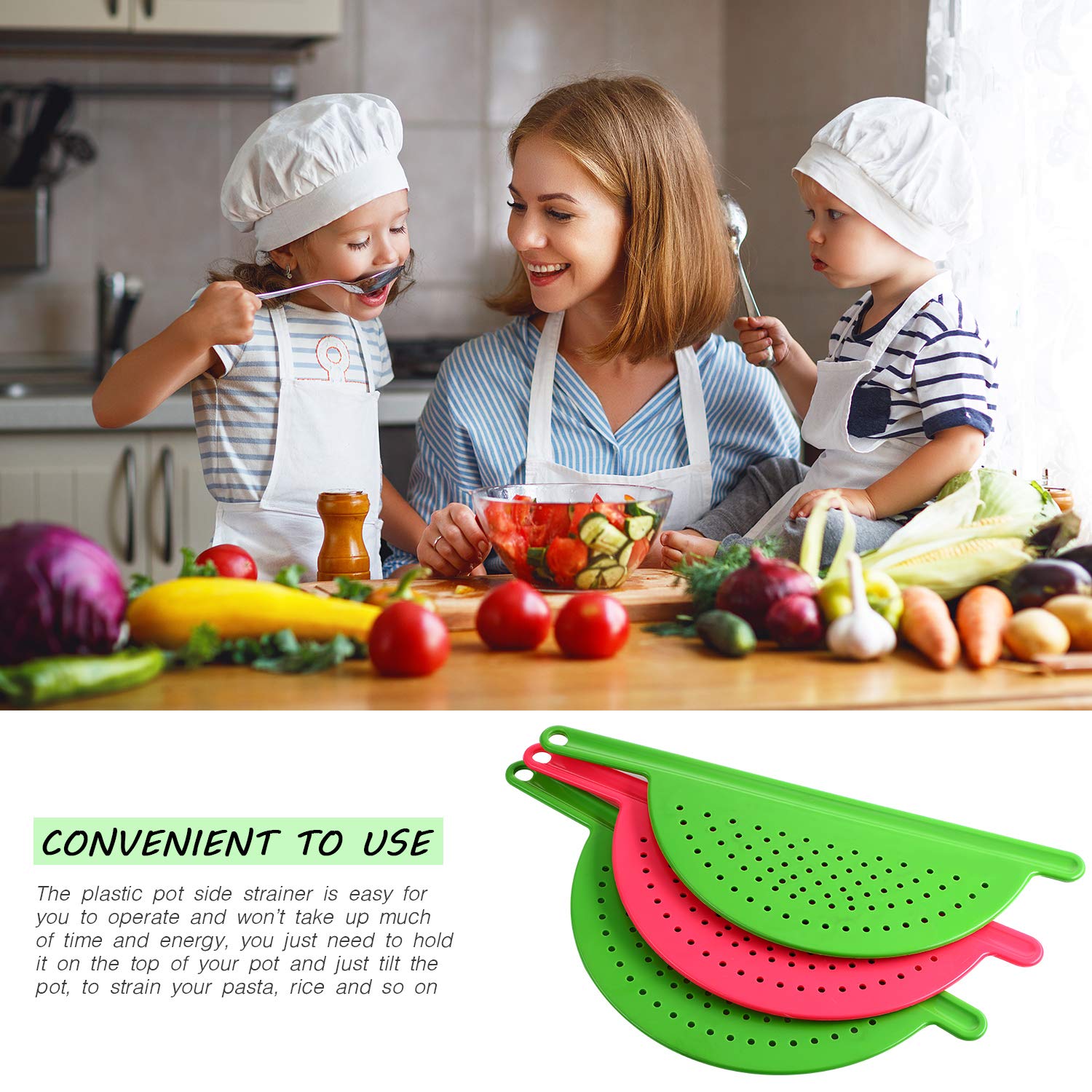 Boao 3-Piece Pot Drainer Set, Green Handheld Strainers for Pasta, Noodles, Fruits & Veggies, Fits Up to 9 Inches, Durable ABS Material