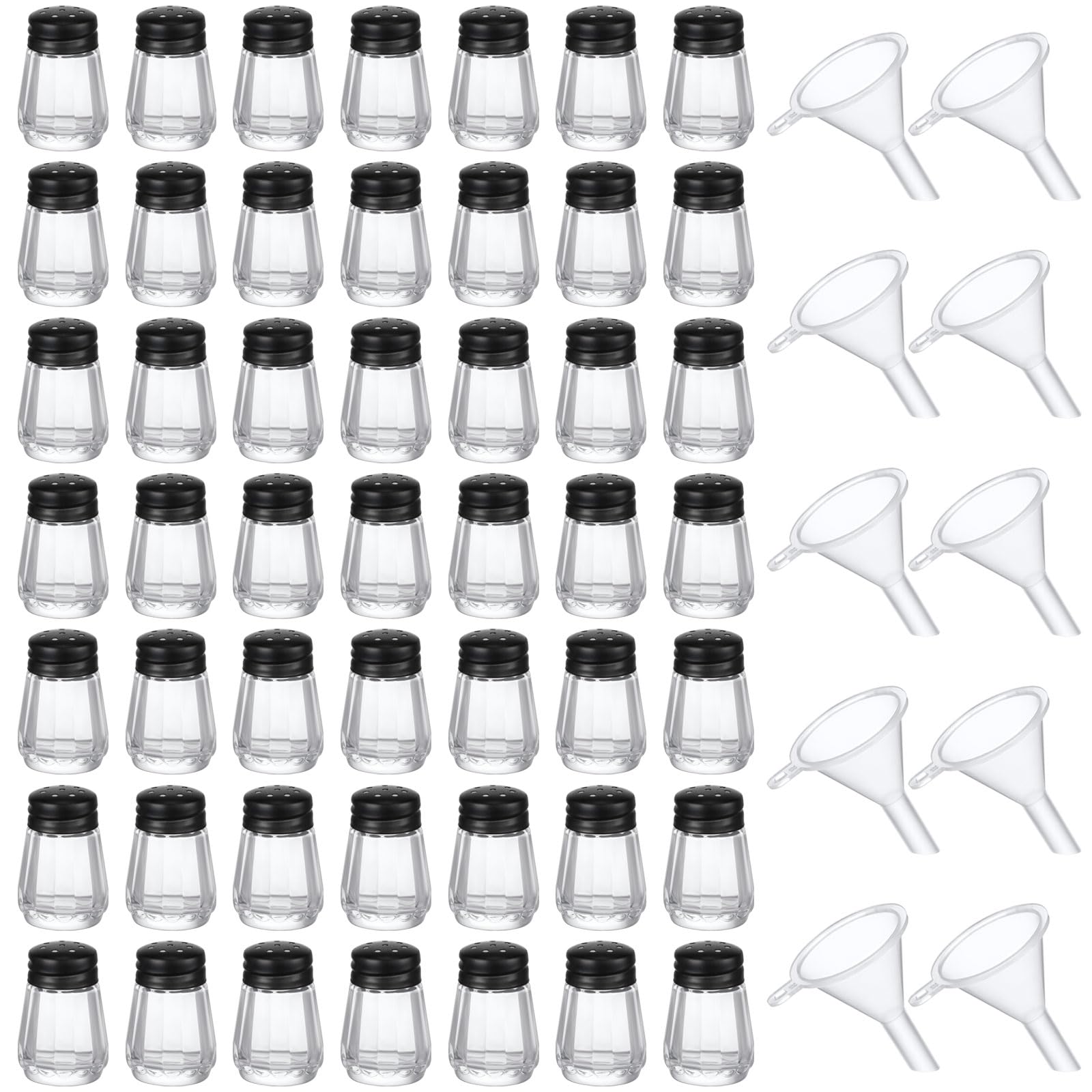 Potchen 50 Pcs 0.5 oz Small Salt and Pepper Shakers with Funnels Clear Mini Glass Seasoning Jars Bulk Tiny Spice Glass for Weddi