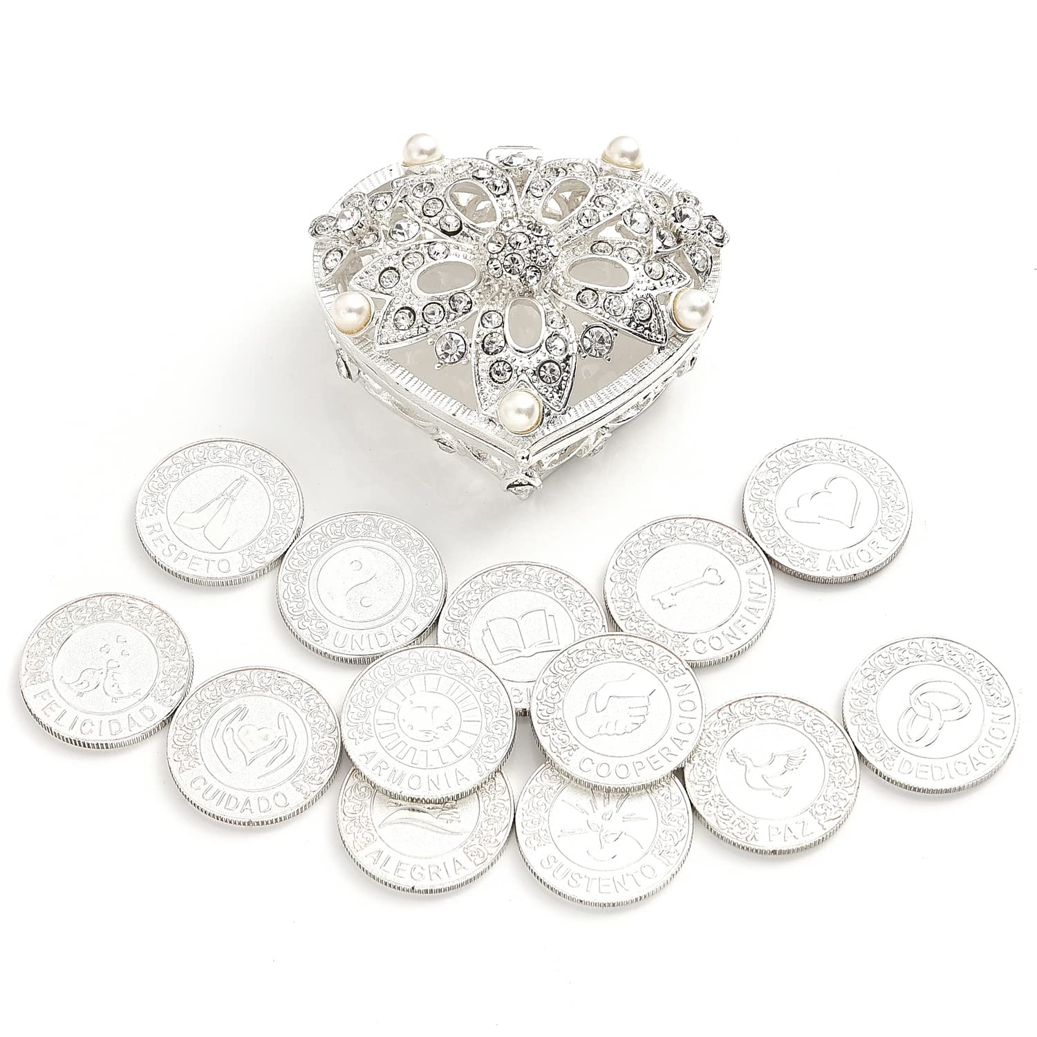 TINGKU Arras de Boda Spanish Gold Wedding Arras Coins in Pearl and Crystal Heart Jewelry Box Unity Coins Set Wedding Ceremony So