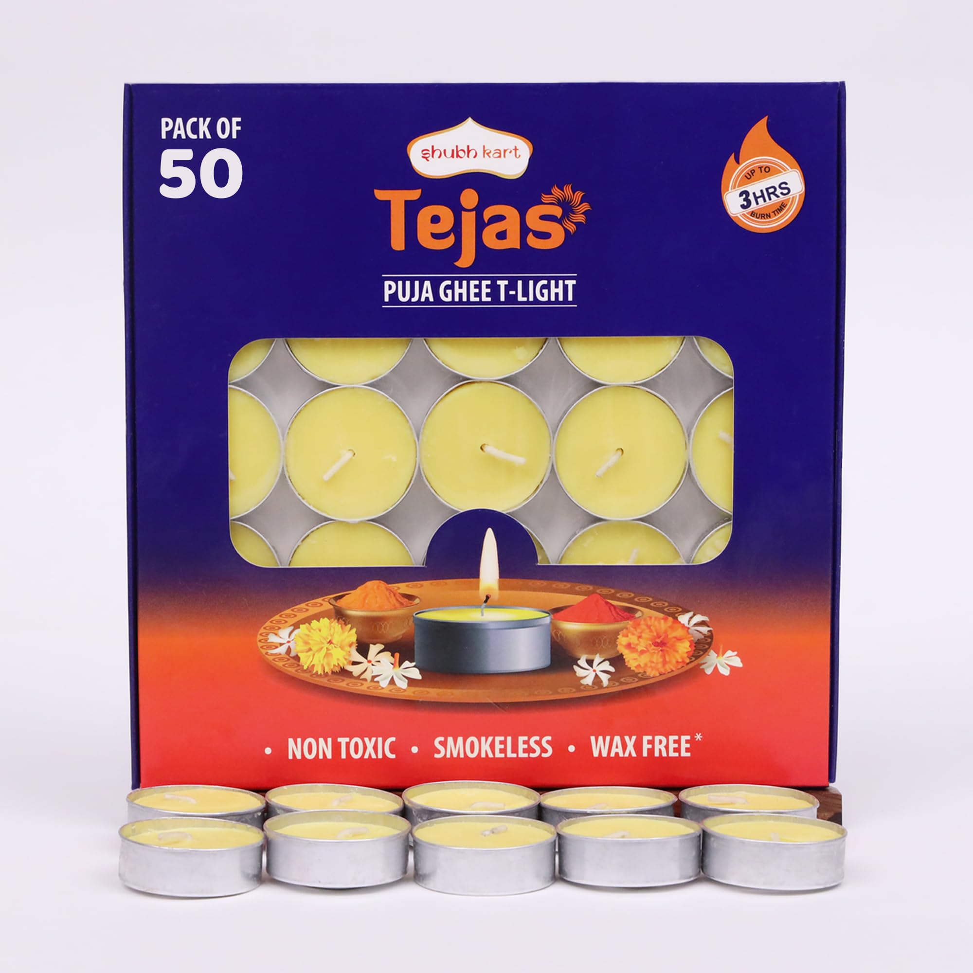Shubhkart Tejas Puja Ghee T-Light Candles 50N | Non Toxic Smokeless & Wax Free Tea Light Candles Perfect For Home Decor, Prayers