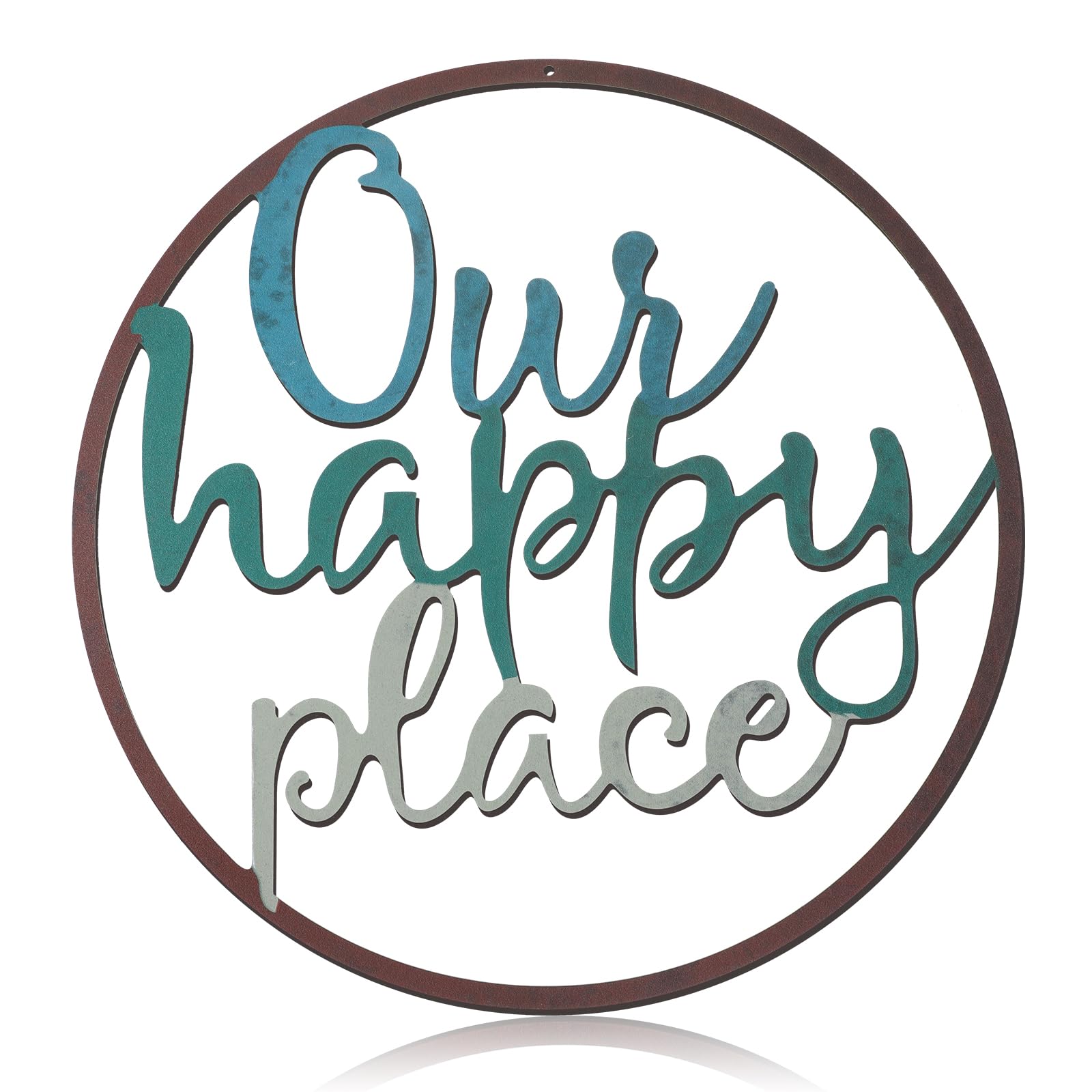 Hotop Our Happy Place Metal Wall Sign Metal Hanging Art Outdoor Plaque Wall Decor Lettering Home Sign for Home Living Room, Bedr
