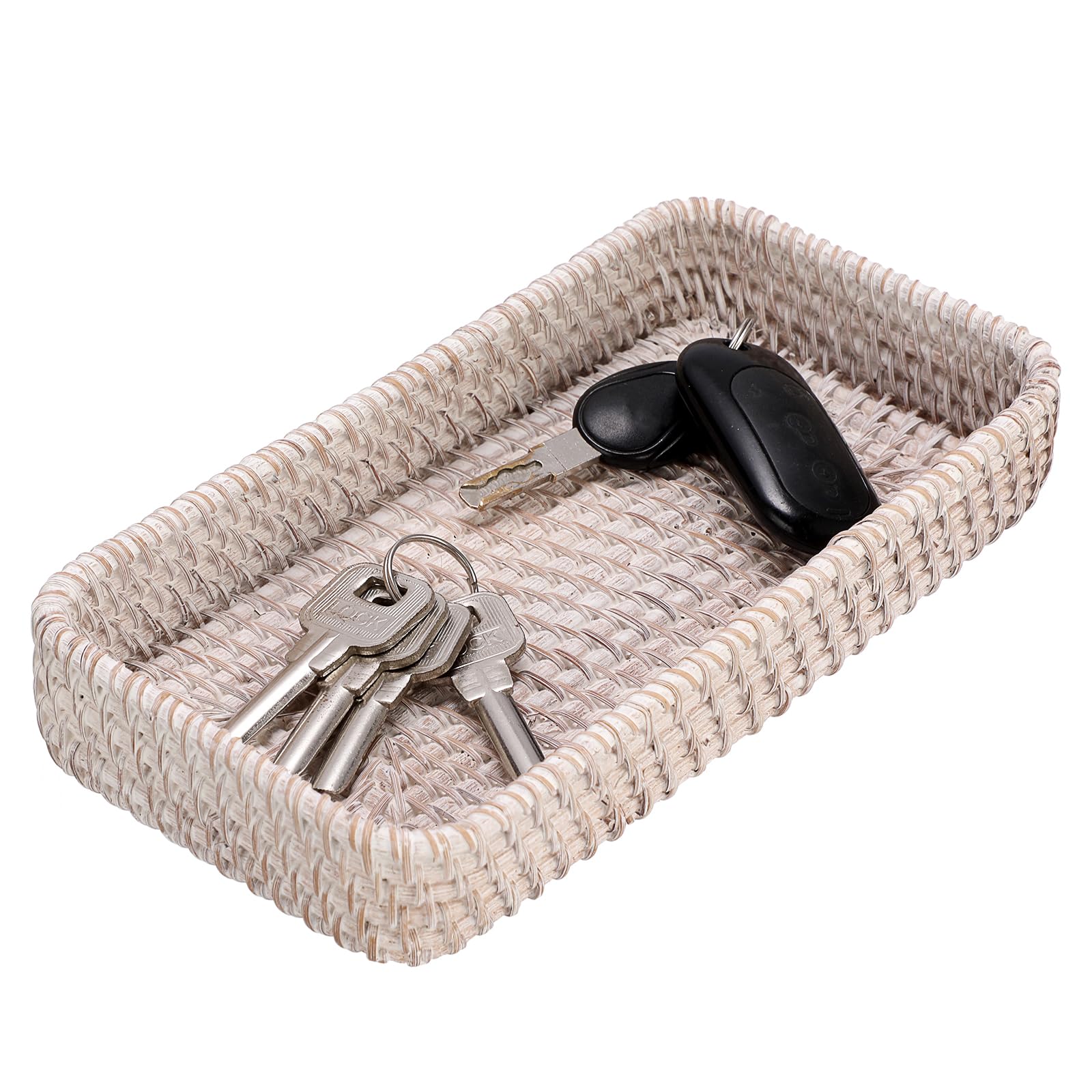 Hipiwe Rattan Key Tray Handwoven Wicker Baskets For Entryway Table Vanity Decorative Serving Tray For Candy Rectangular Fruit Ba