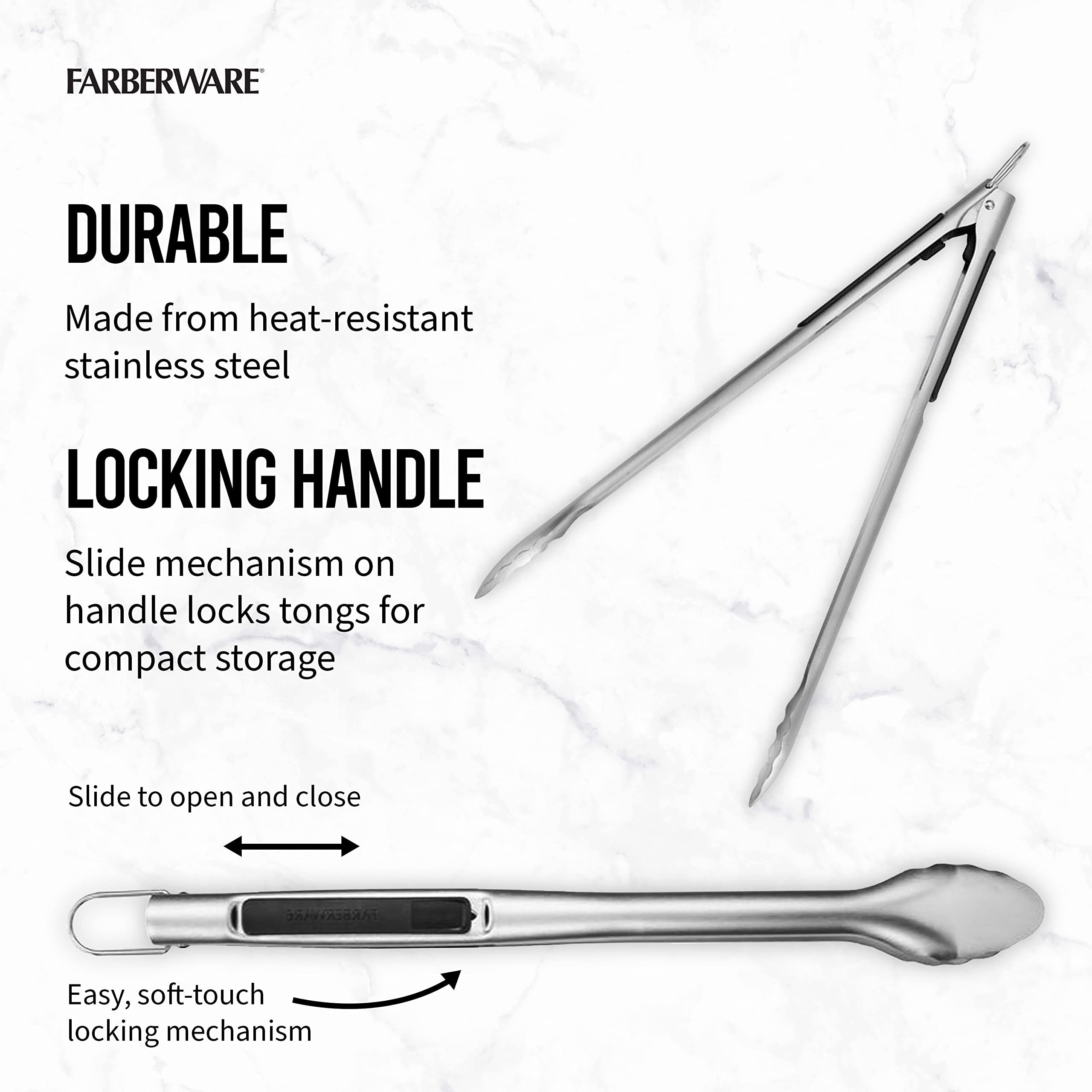 Farberware Barbeque One Handed Slide Locking Tong With Scalloped Edge, 16 Inch, Stainless Steel