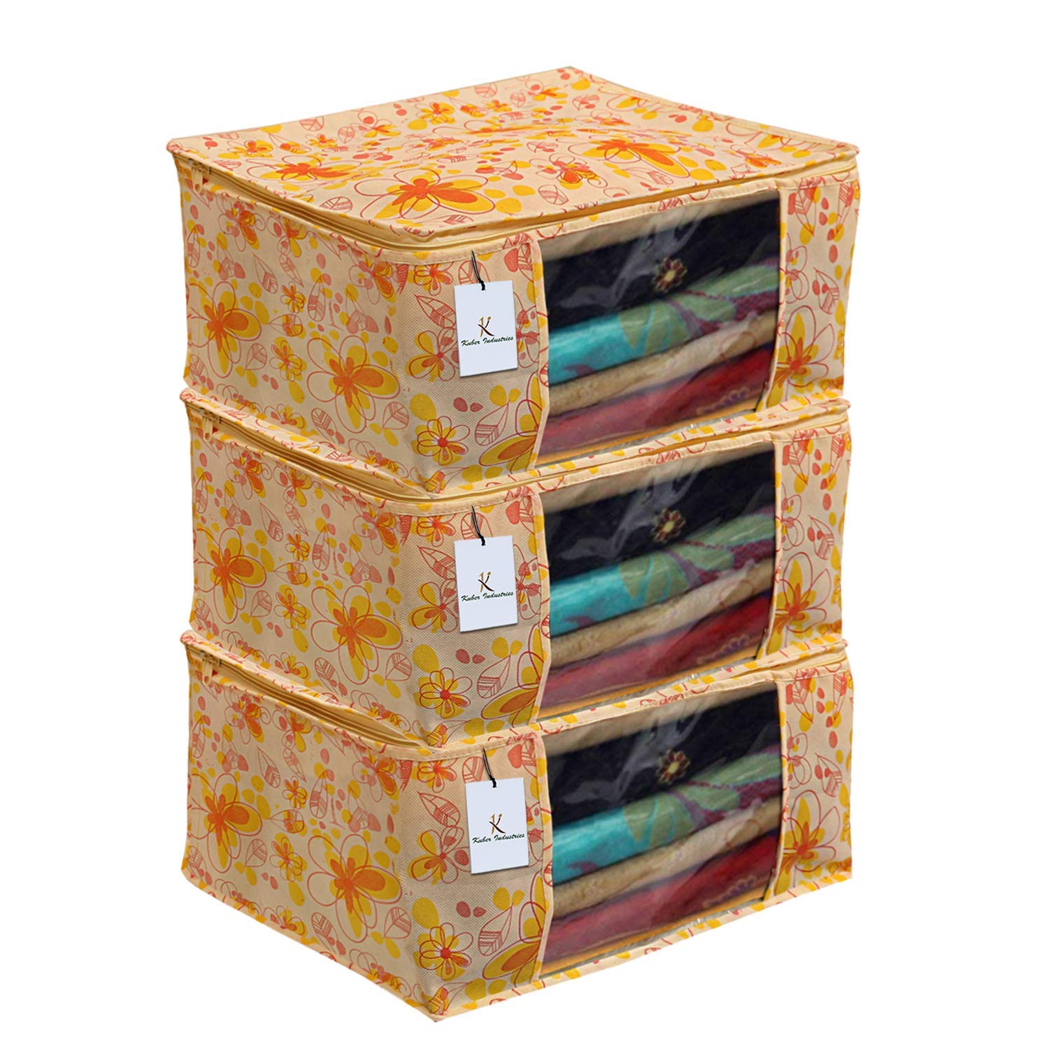 Heart Home Red Flower Non Woven Saree Cover|Transparent Window & Zipper Closure|Regular Cloth Bag|Wardrobe Organiser Set|Pack Of