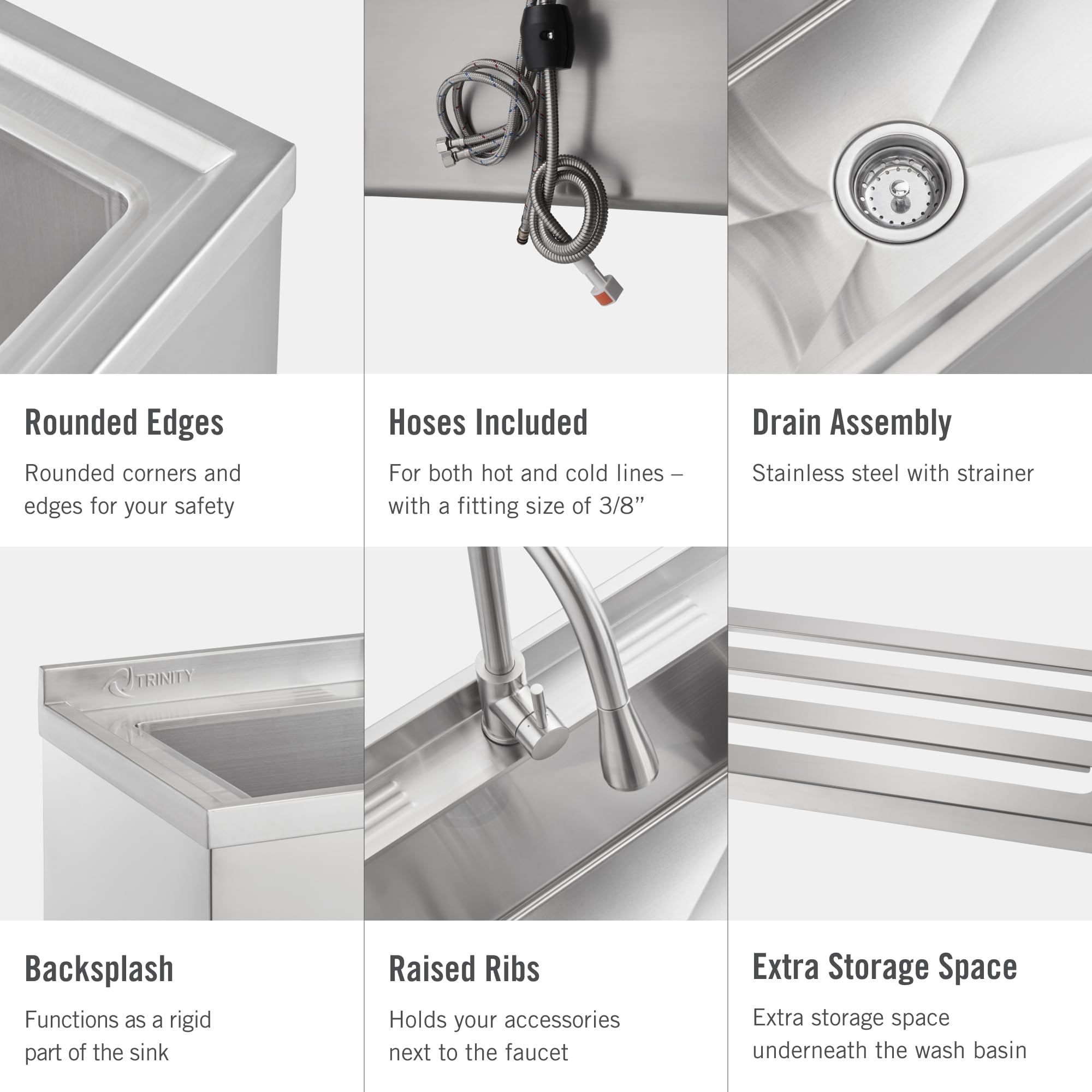 Trinity Thap Stainless Steel Freestanding Single Bowl Utility Sink For Garage, Laundry Room, And Commercial Use (Rectangular | 3
