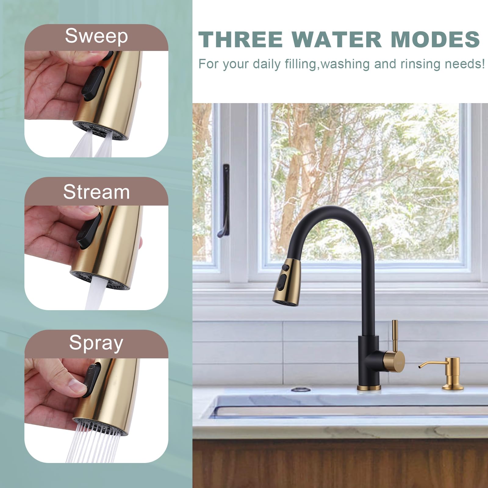 Black And Gold Kitchen Faucet With Soap Dispenser, Wowow Stainless Steel Kitchen Sink Faucet Single Handle High Arc Utility Sink