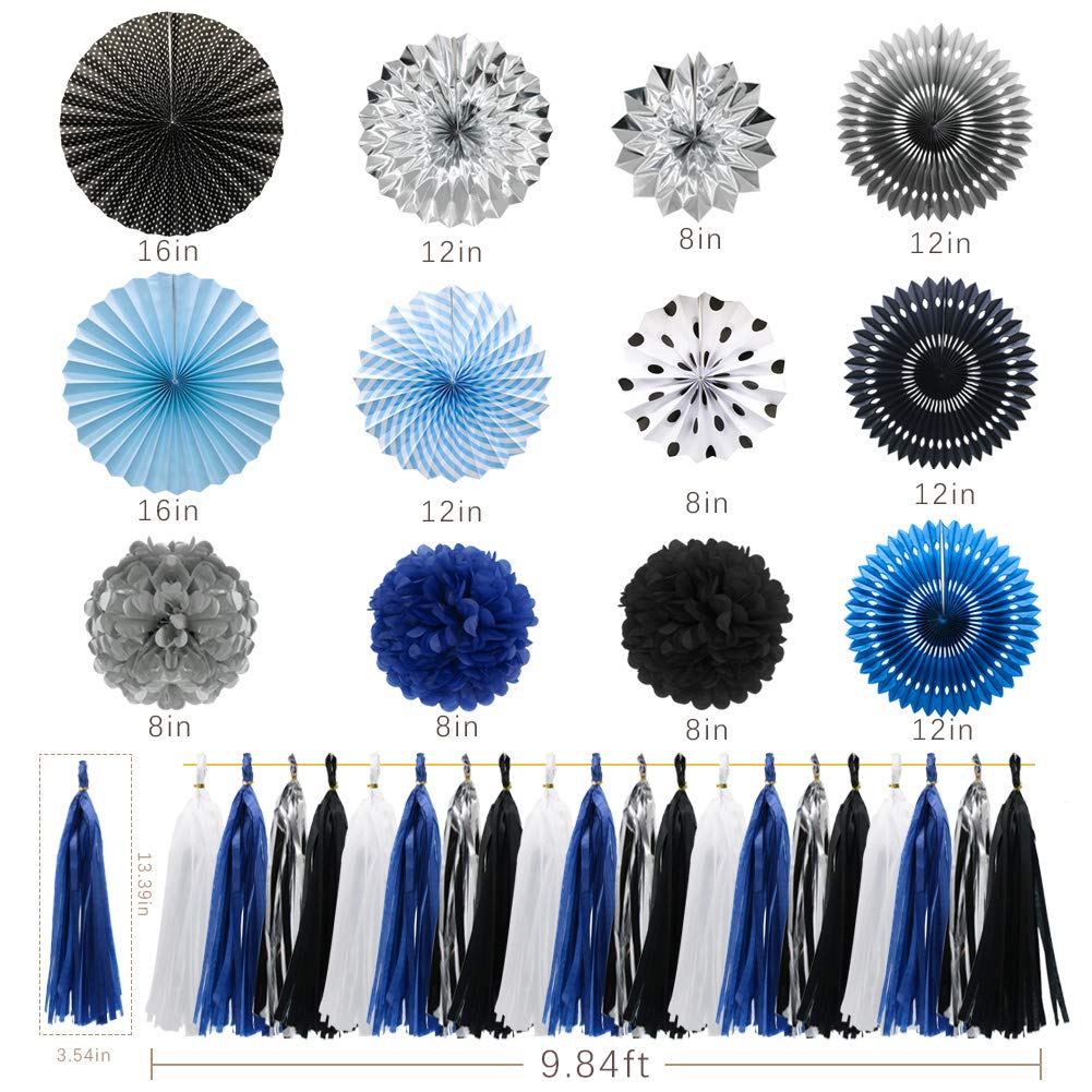Meiduo Navy Blue Silver Black Party Decorations Hanging Paper Fans Pom Poms Flowers Tissue Tassel Garland For Graduation Boy Kid