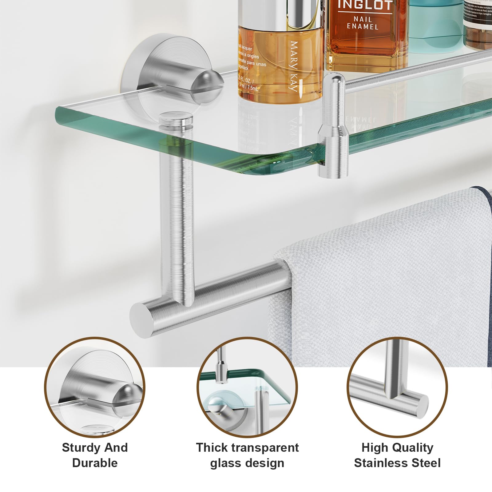 KOCOK 20 Inch Glass Bathroom Shelf with Towel Bar, Brushed Nickel Stainless Steel Wall Mount, Model ML162024