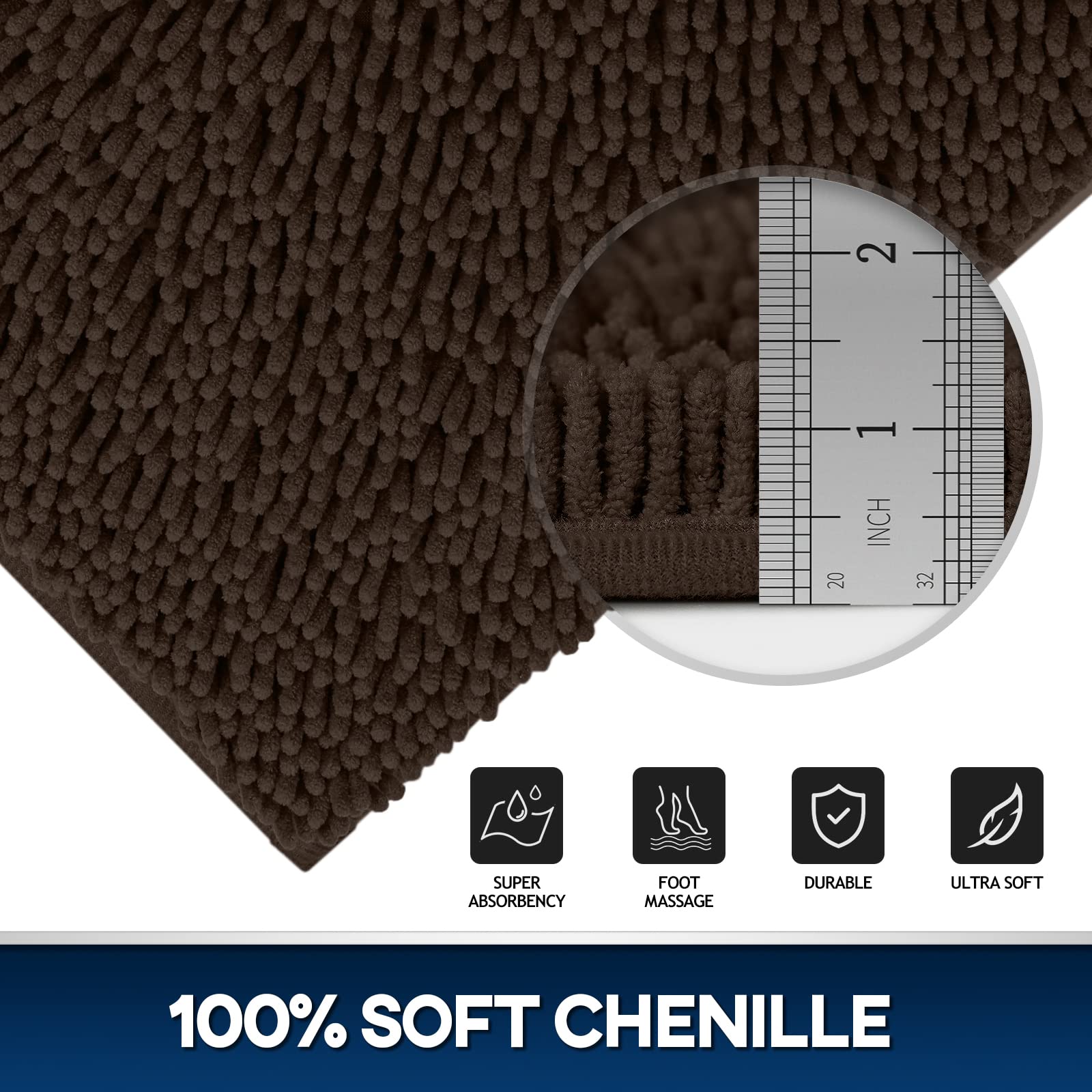 Treetone Chenille Bath Mat 3 Piece Bathroom Rugs Set, 20X20 Inchs U-Shape Contoured Toilet Mat & 20X32 Inchs Rug & Lid Cover Wat