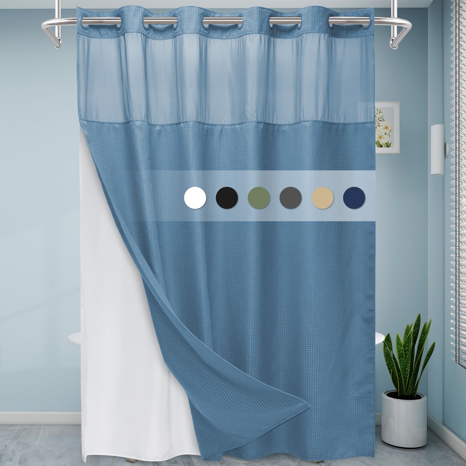 Eutxl Moonlight Blue Long No Hook Shower Curtain With Snap In Liner,230Gsm Waffle Weave Shower Curtains For Bathroom,71W X 86H