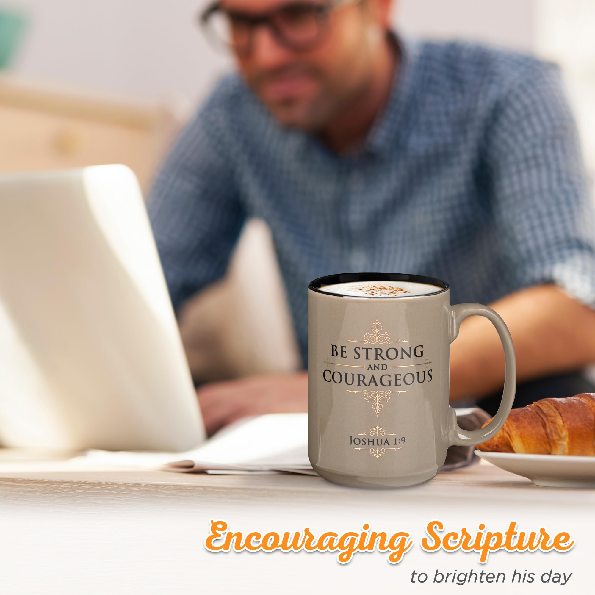 Christian Art Gifts Large Ceramic Coffee & Tea Scripture Mug for Men & Women: Strong & Courageous Inspirational Bible Verse, Glo