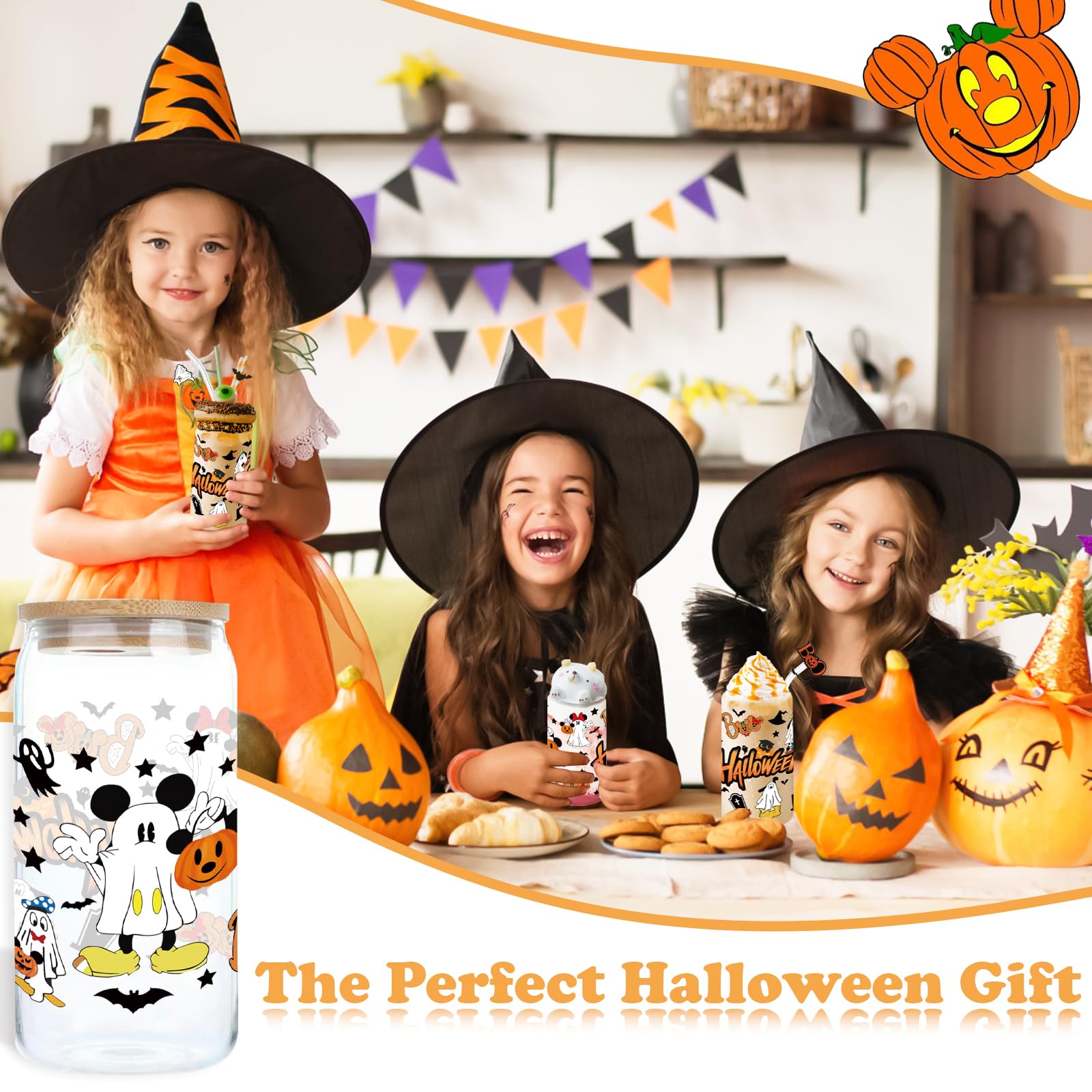 qiyeyeye 4Pcs 16oz Halloween Ghost Glass Cups with Lids and Straws, Cute Mouse and Pumpkin Pattern Design, Iced Coffee Tumblers,
