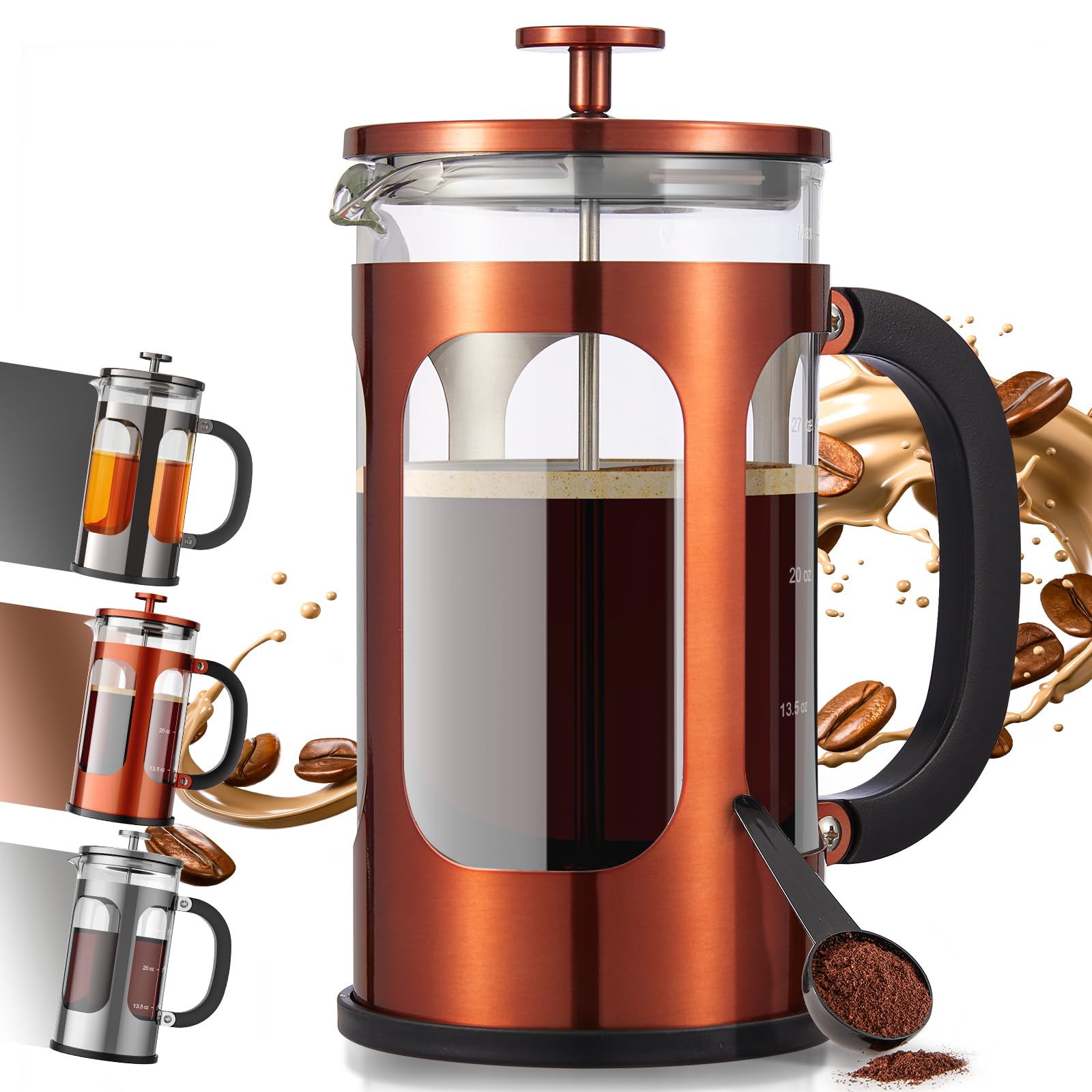 Veken French Press Coffee Maker 34oz 1 L, No Plastic Touching Cafe, Heat Resistant Thickened Borosilicate Glass, Stainless Steel