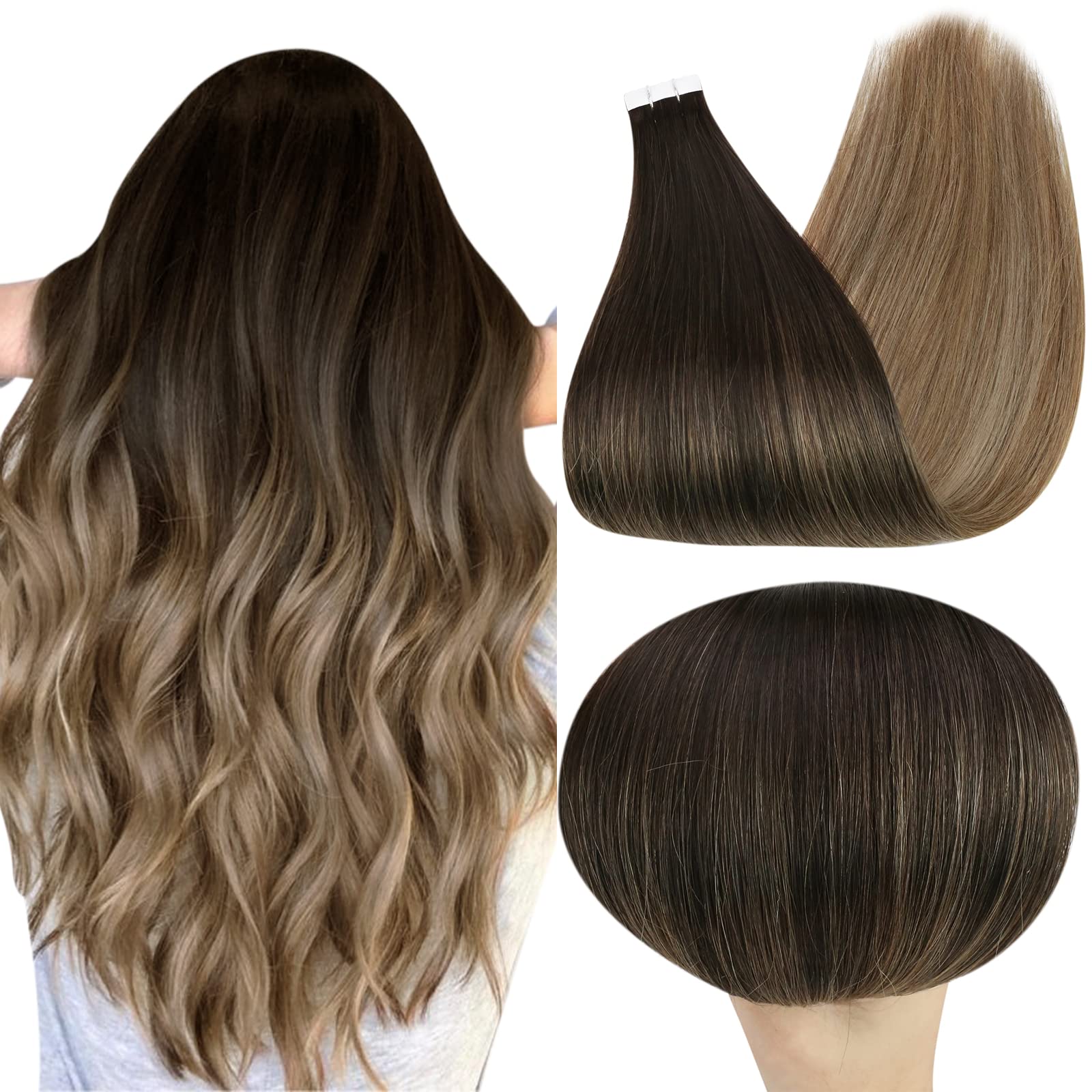 Fshine Human Hair Tape In Hair Extensions 18 Inch Balayage Color 2 Darkest Brown Fading To 6 And 18 Ash Blonde Tape Hair Extensi