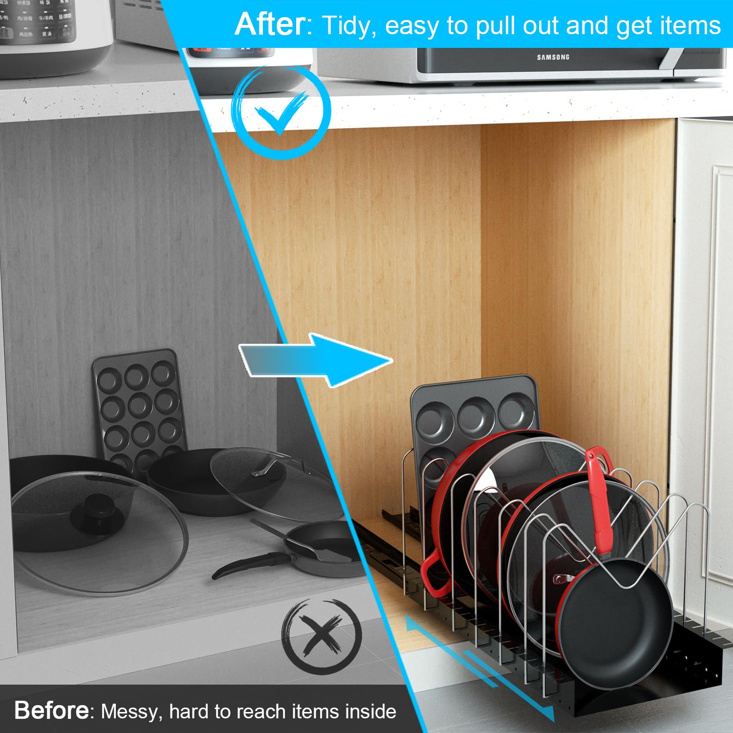 Pull Out Pots And Pans Organizer For Cabinet - Sliding Lid Holder And Pan Rack In Kitchen, Cabinet Pull Out Shelves, Slide Out C