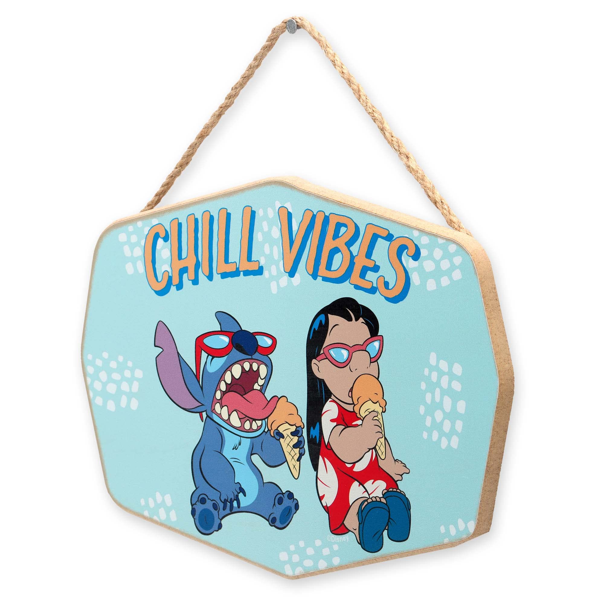 Disney Lilo and Stitch Chill Vibes Hanging Wood Wall Decor - Cute Lilo and Stitch Sign for Home