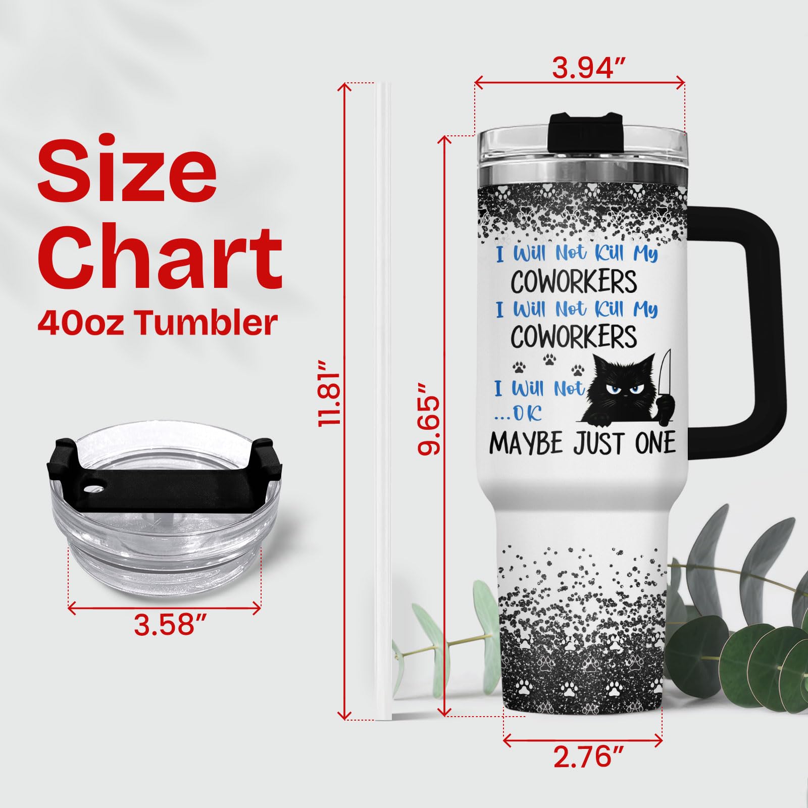34HD Funny Cat Tumbler with Handle and Straw - I Will Not Harm My Coworkers - 40oz Stainless Steel Insulated Travel Mug - Sarcas