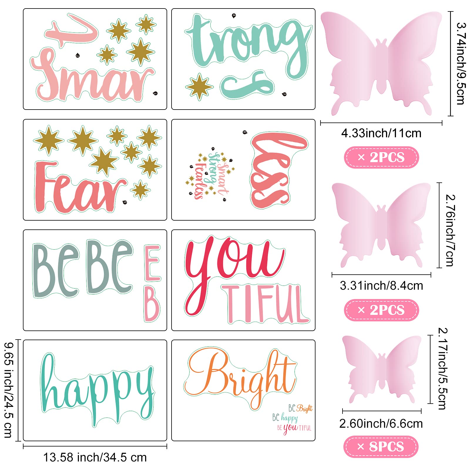 20 Sheets Inspirational Wall Decals Girl Quote Set 12 Sheets 3D Butterfly, Smart Strong Fearless, Be Bright, Be Happy, Beyoutifu
