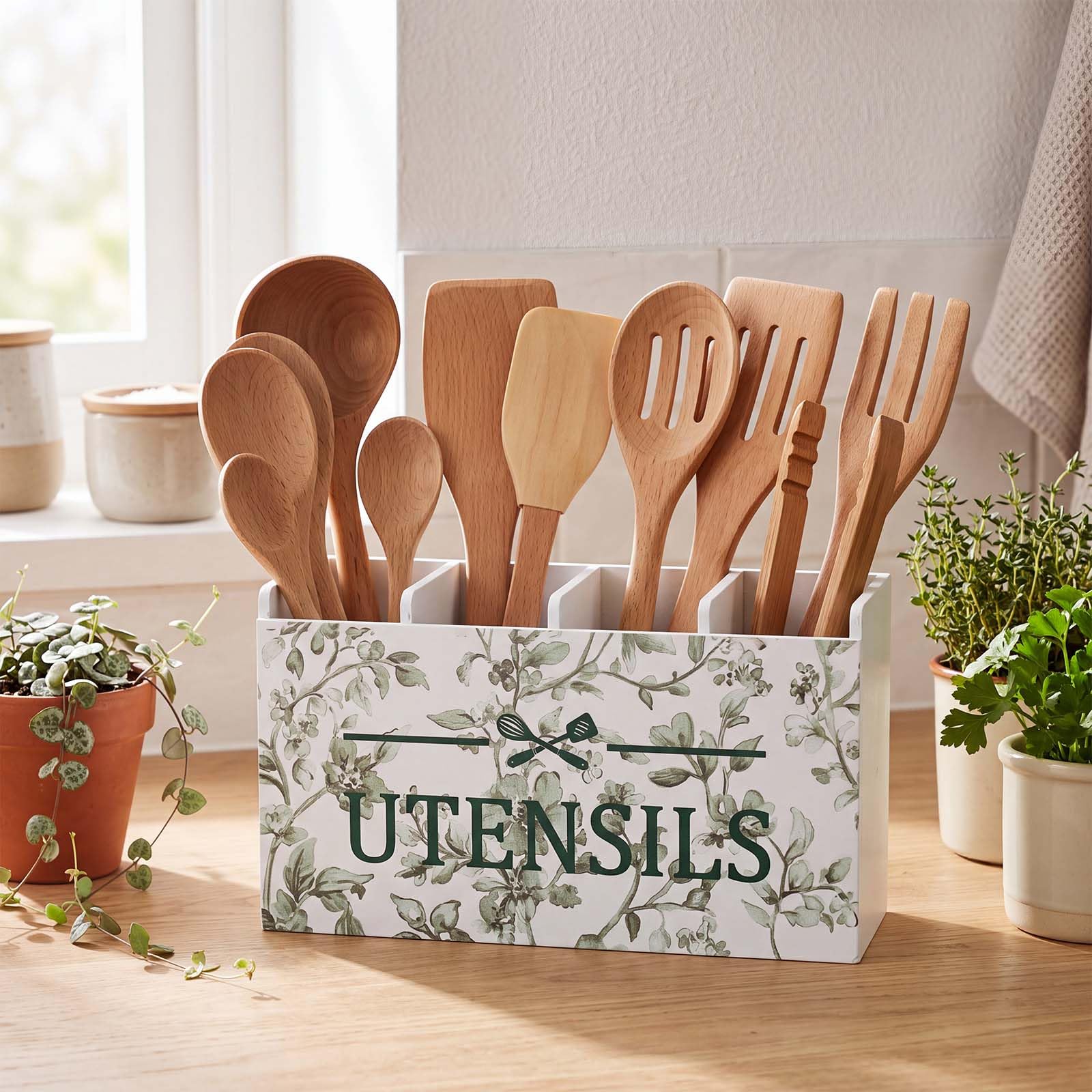 Singhoow Green Floral Kitchen Utensil Holder with 3 Compartments, Wooden Utensil Organizer for Countertop, Chinoiserie Farmhouse