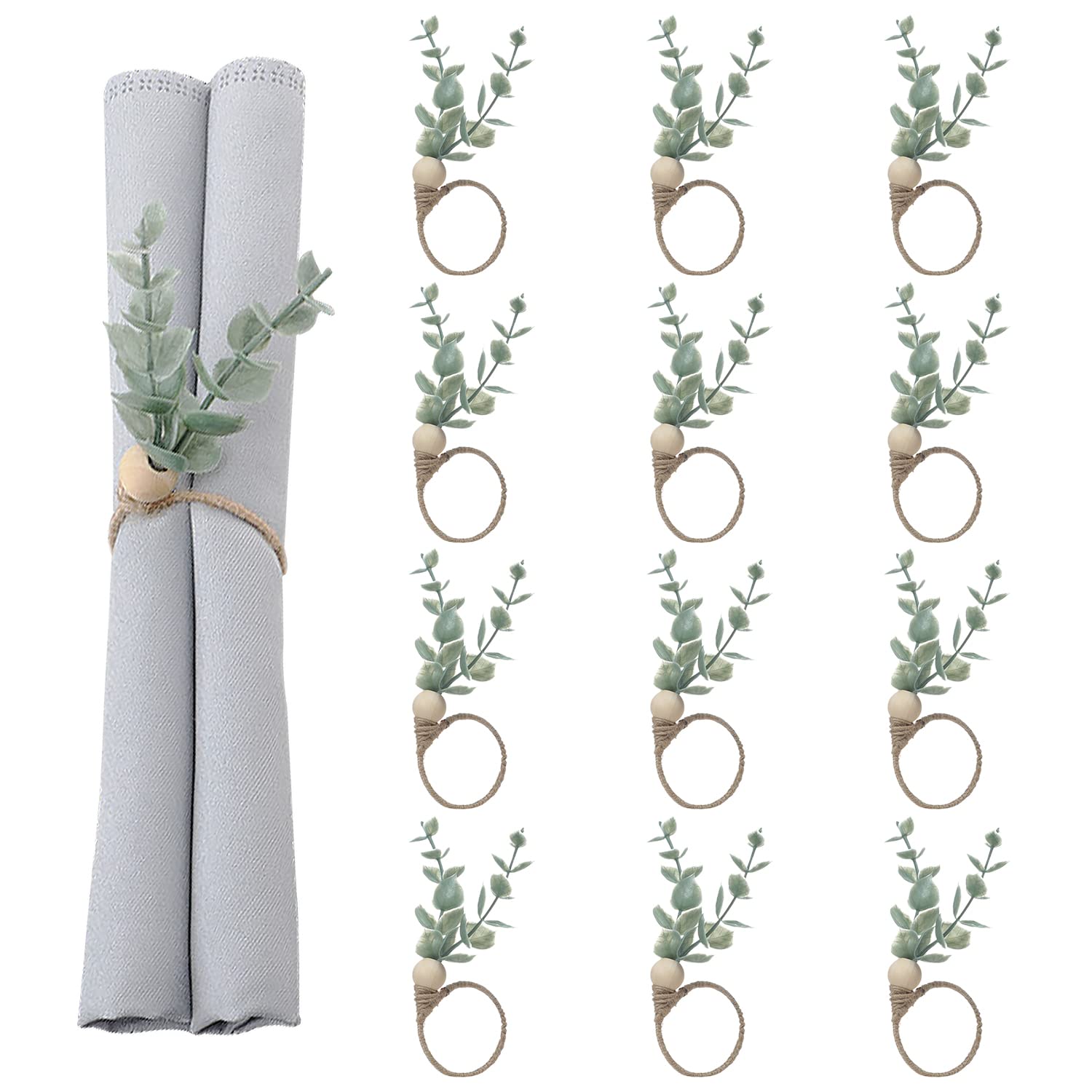 Mlurcu Napkin Rings Set Of 12, Eucalyptus Napkin Rings Christmas Napkin Rings Green Leaf Napkin Rings Spring Wood Bead Rustic Na