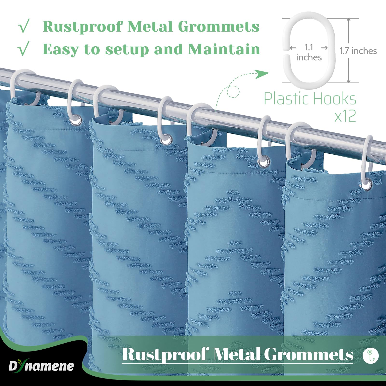 Dynamene Boho Farmhouse Shower Curtain, Moonlight Blue Fabric Tufted Chevron Striped Textured Tassel Shower Curtains For Bathroo