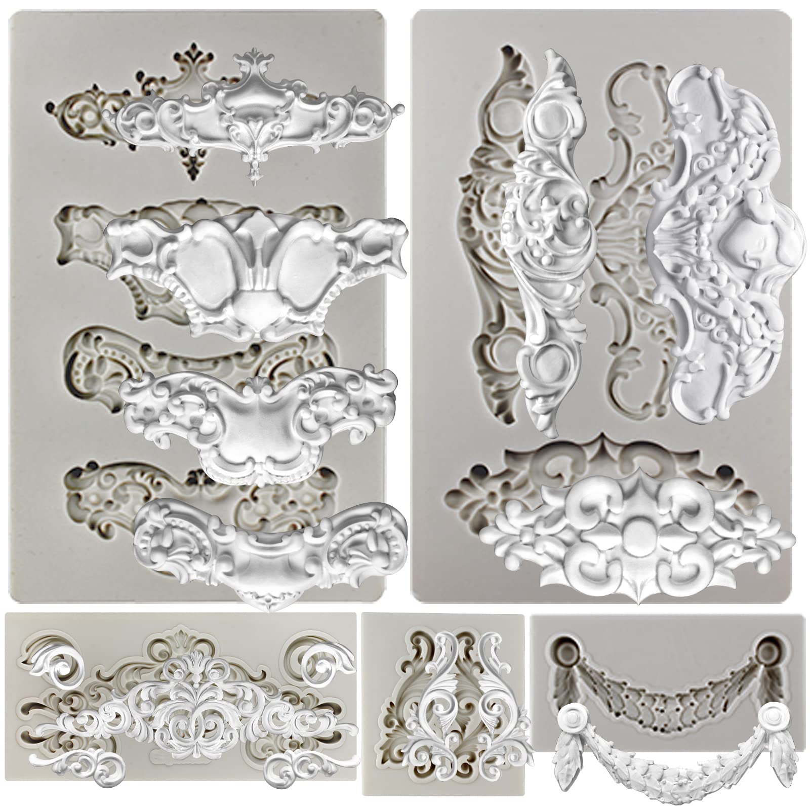 Crown Baroque Style Ornament Silicone Molds 5-Count Art Decor Filigree Scrollworks