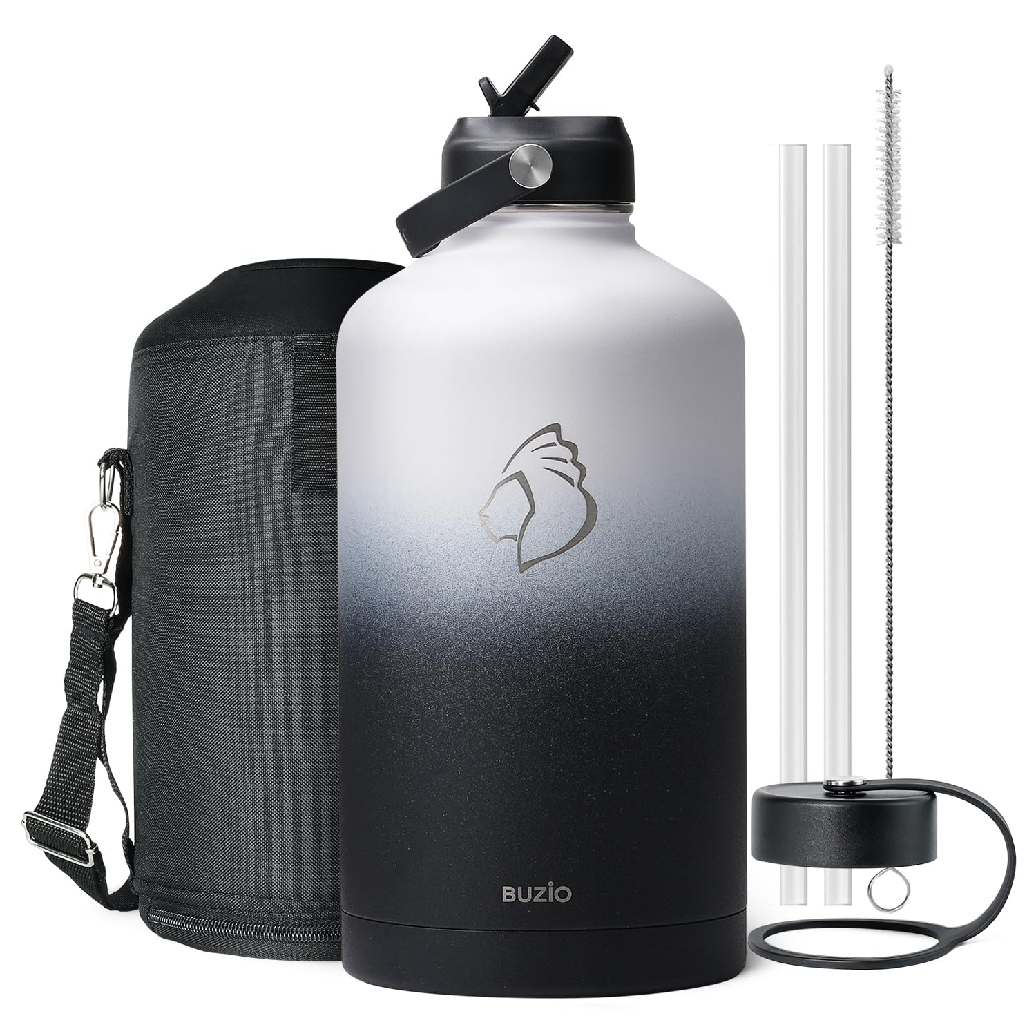 Buzio 1 Gallon Water Bottle, 128Oz Insulated Water Jug Double Walled Vacuum Stainless Steel Travel Flask (Cold For 48 Hrs), Leak