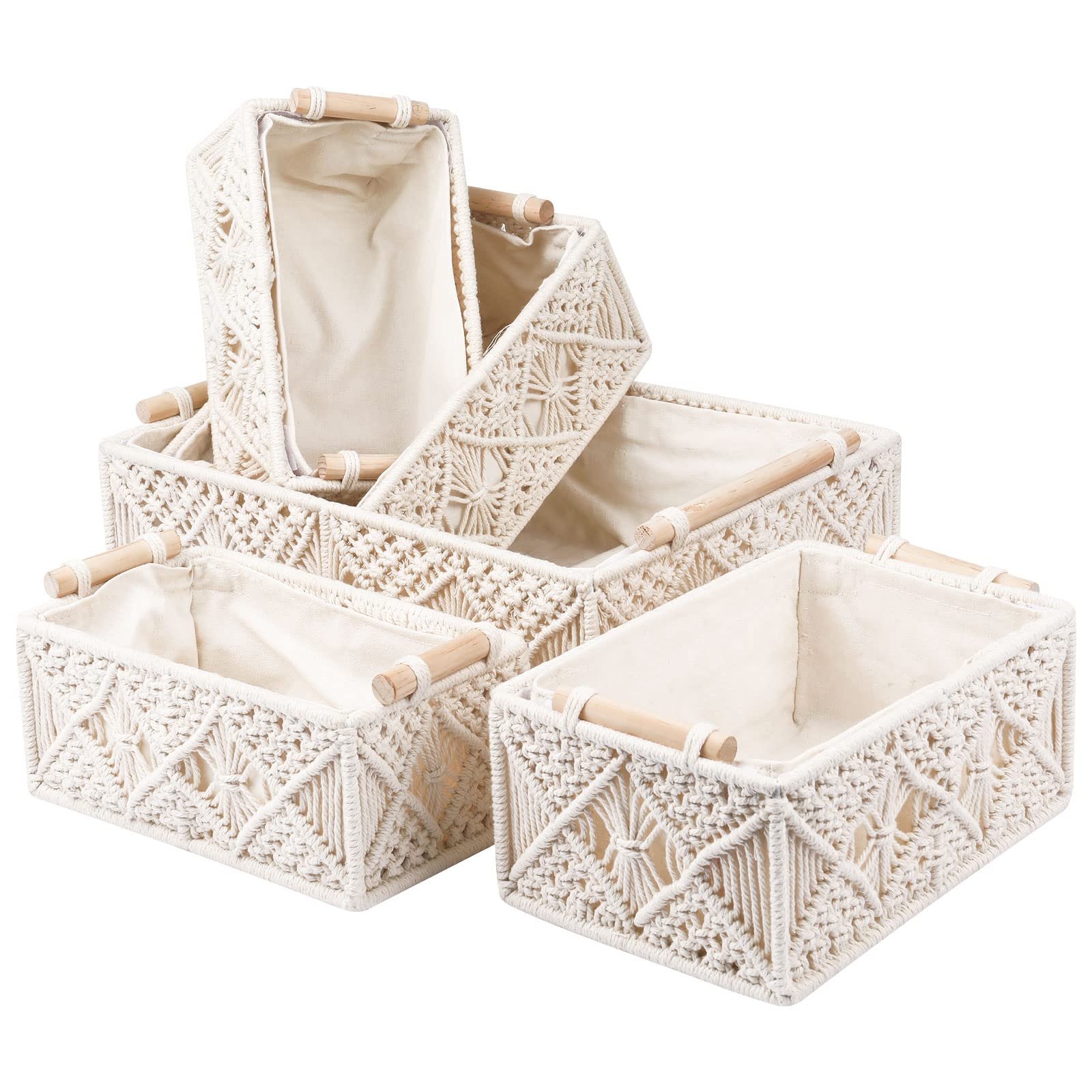 Anminy 5Pcs Macrame Storage Baskets For Organizing Boho Decor Baskets Storage Bins With Wood Handles Handmade Decorative Storage