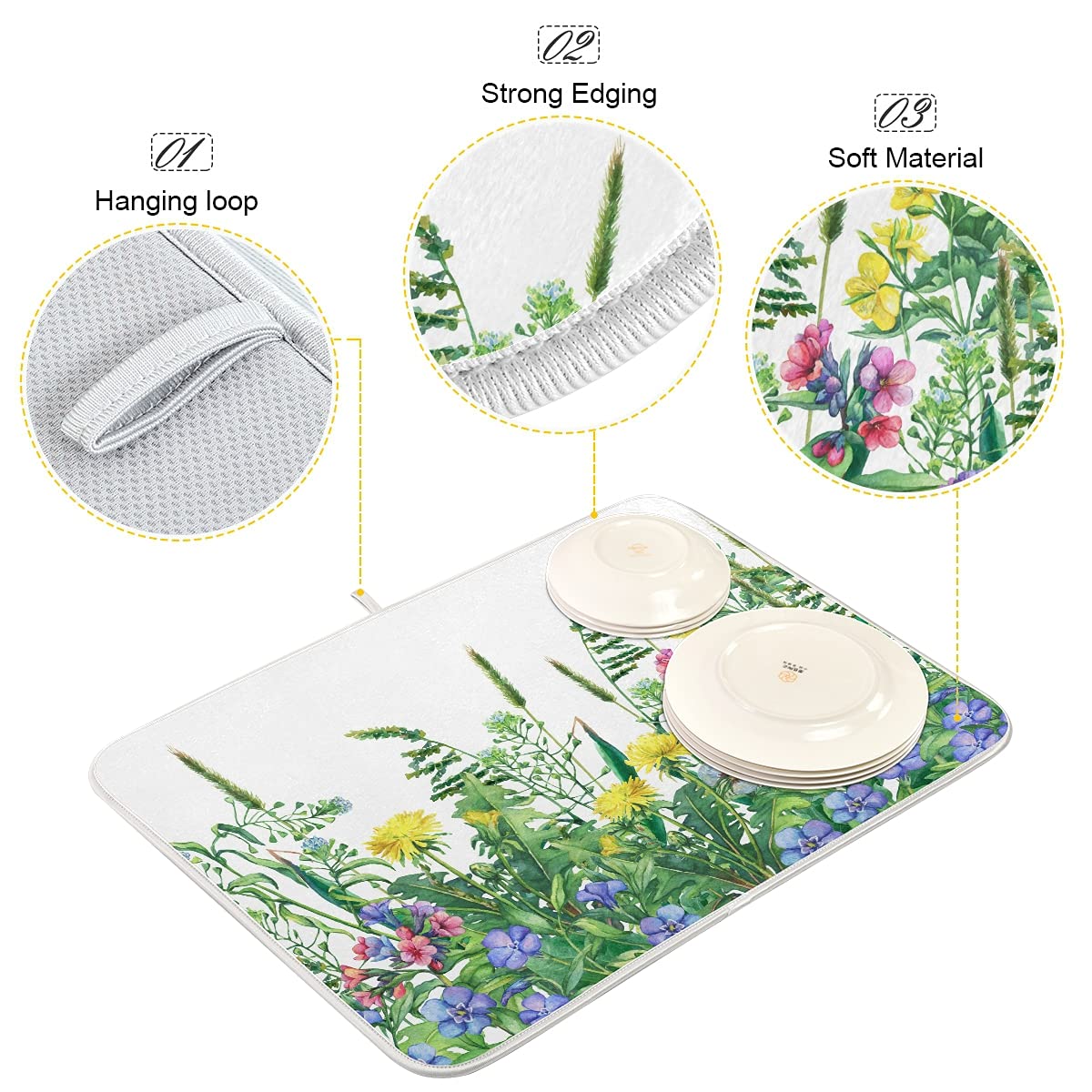Spring Breath Dish Drying Mat For Kitchen Counter 18'' X 24'' Inch - Absorbent Reversible Microfiber Dish Mat, Heat Resistant Dr