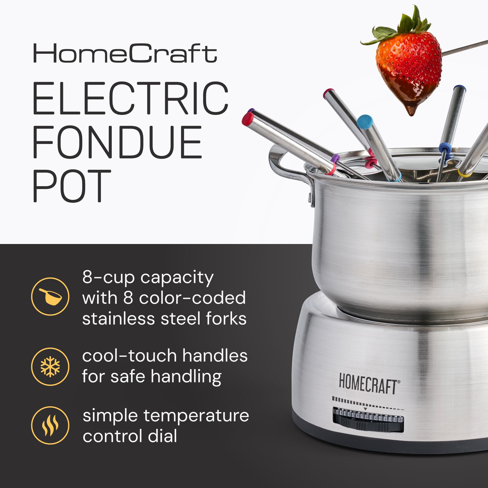 Nostalgia 8-Cup Electric Fondue Pot Set For Cheese & Chocolate - 8 Color-Coded Forks, Adjustable Temperature Control - Stylish S