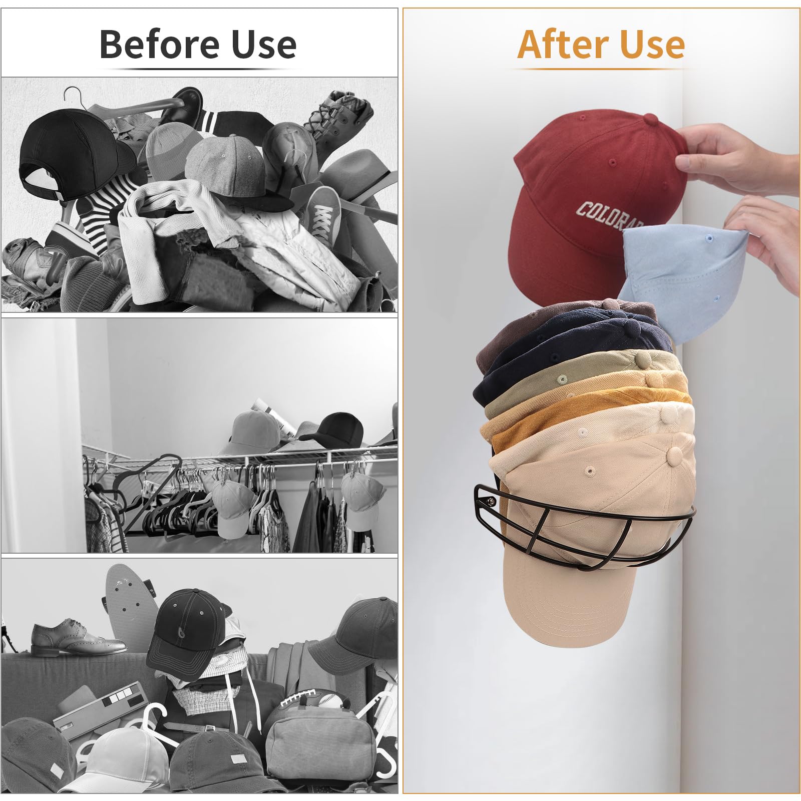 Teamola Hat Racks For Baseball Cap 2-Pack Metal Hat Organizer Black Hat Holder For Wall, Hat Hangers Hat Storage Organizer Wall