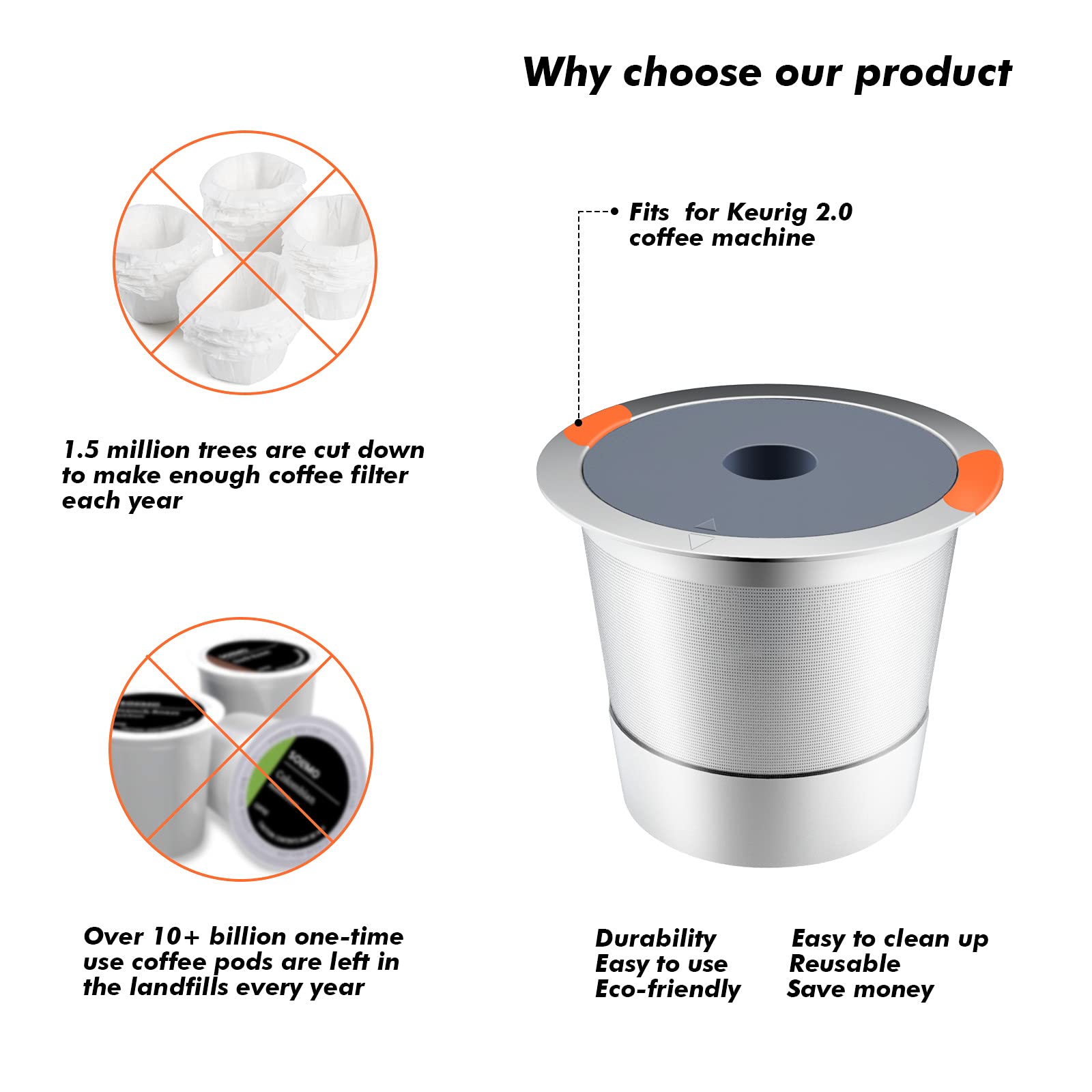 NOALTO Reusable K Cups - Universal Stainless Steel Coffee Pods for Keurig 2.0 & 1.0, 2 Pack, Silver