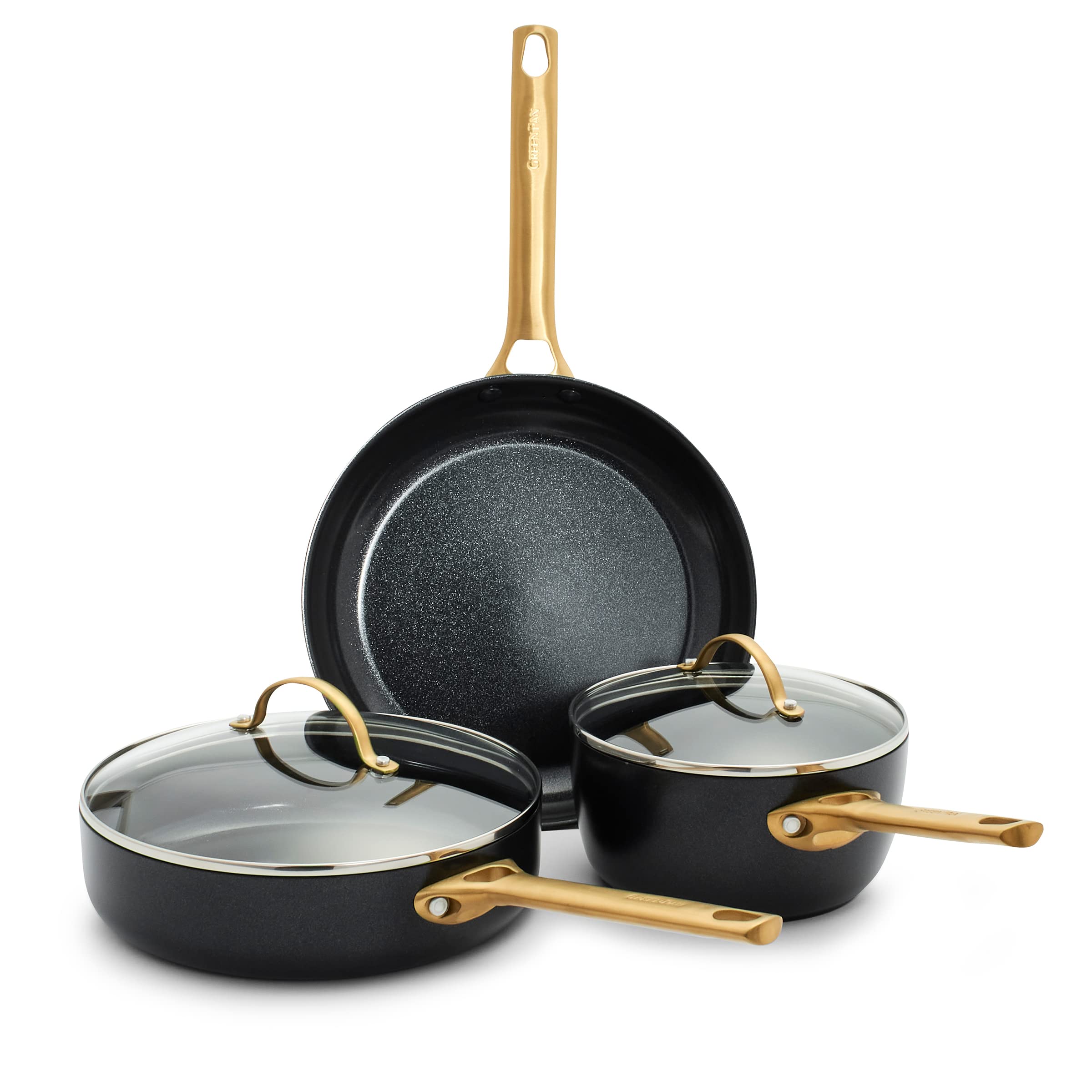 GreenPan Reserve Hard Anodized Healthy Ceramic Nonstick 5 Piece Cookware Pots and Pans Set, Gold Handle, PFAS-Free, Dishwasher S
