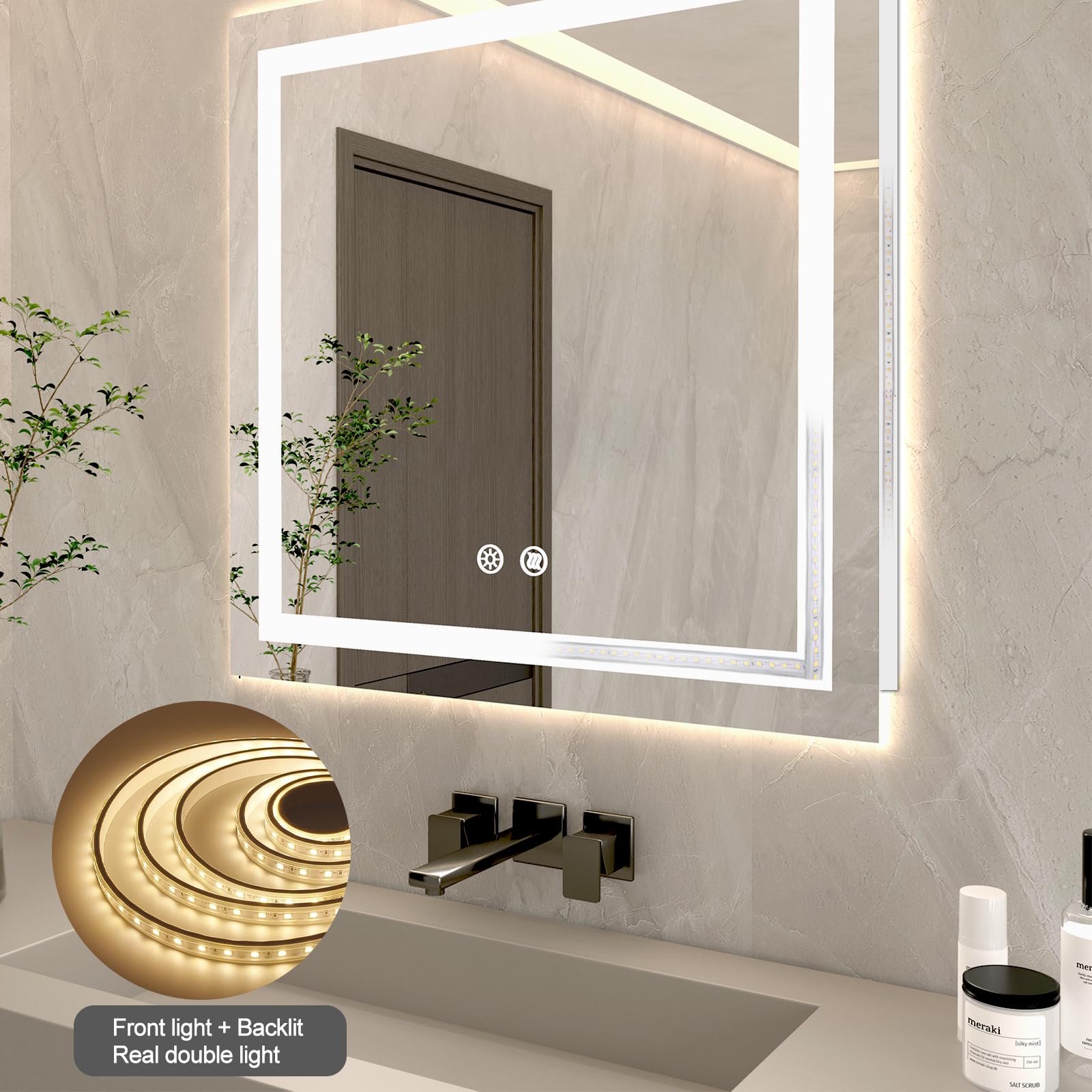 BuLife 28 X 28 Inch Square LED Bathroom Vanity Mirror, 3 Colors Light Dimmable, Wall Mounted Memory Lighted Makeup Mirror with A