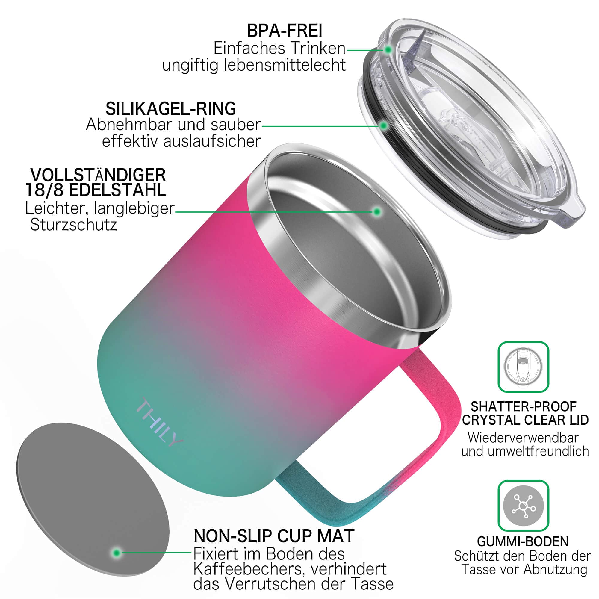 Thily Stainless Steel Insulated Travel Mug 12 Oz Vacuum Insulated Coffee Cup With Handle, Spill-Proof Lid, Keep Coffee Cold Or H